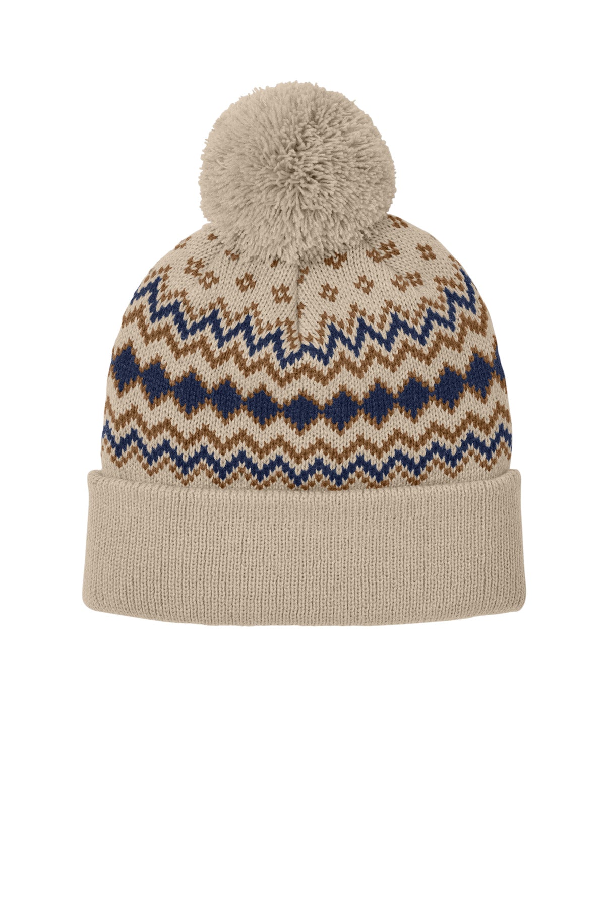 Custom logo Port Authority® Alpine Pom Beanie C991 in Sahara/ True Navy/ Duck Brown