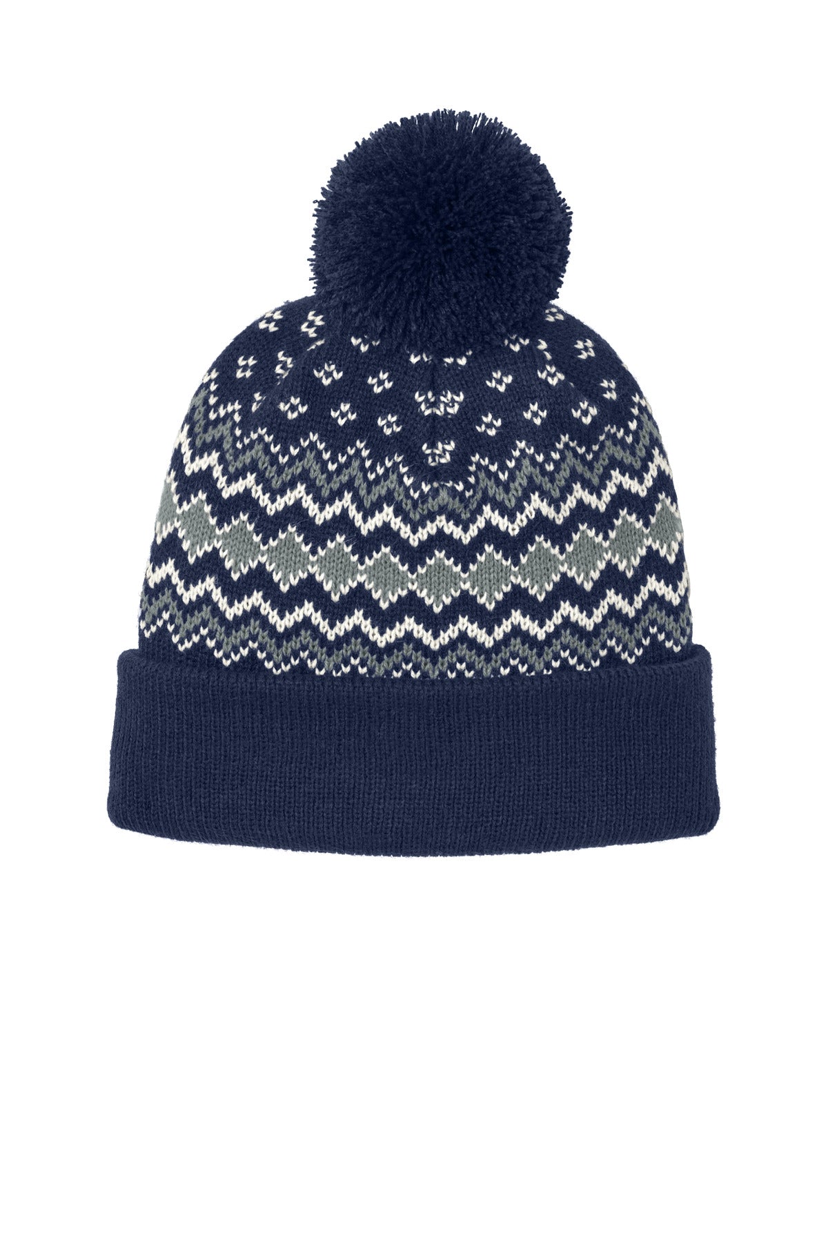 Custom logo Port Authority® Alpine Pom Beanie C991 in True Navy/ Gusty Grey/ Marshmallow