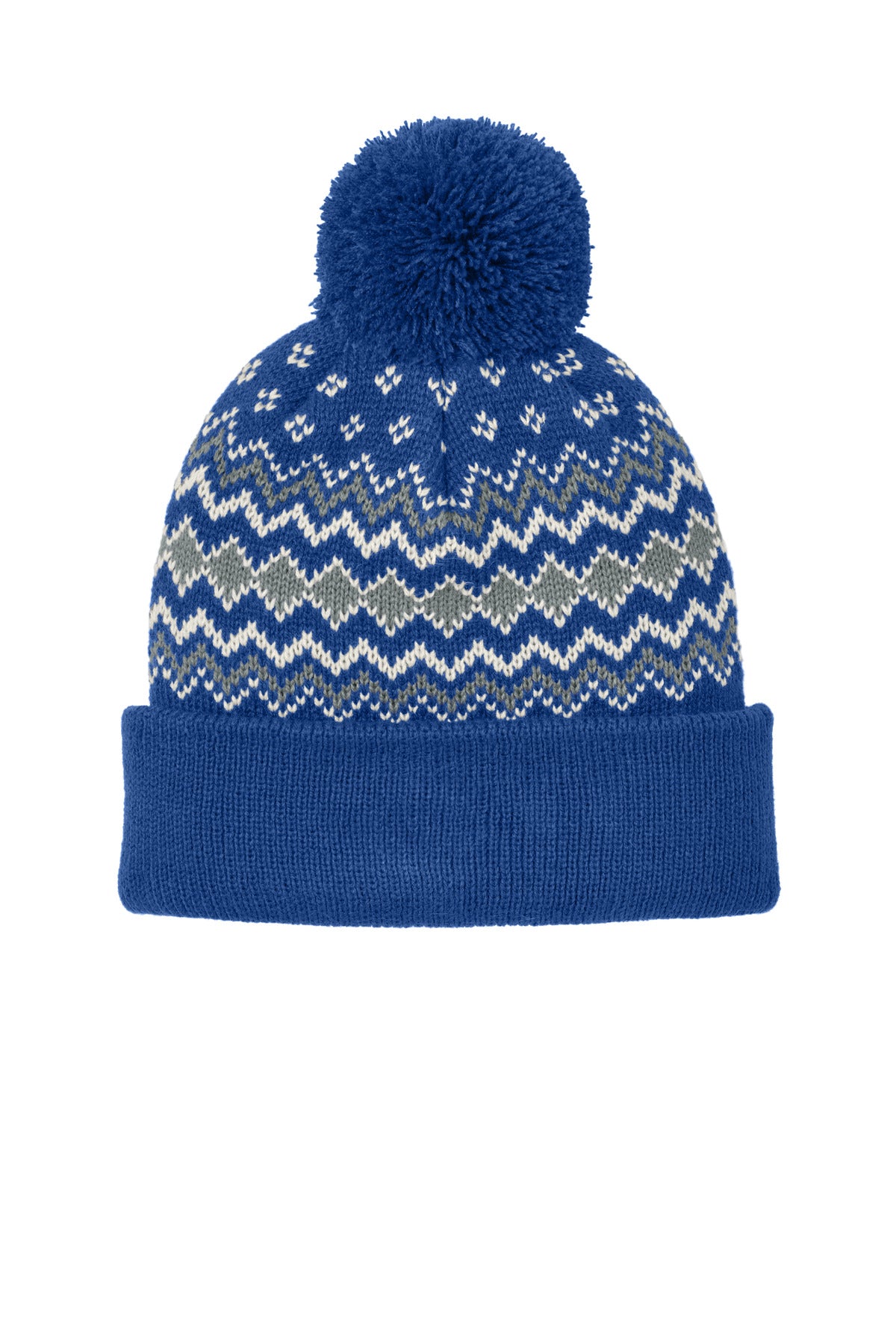 Custom logo Port Authority® Alpine Pom Beanie C991 in True Royal/ Gusty Grey/ Marshmallow