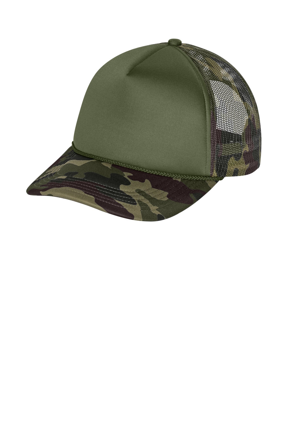 Custom logo Port Authority® Foam Truck'N Cap C993 in Olive Drab Green/ Camo/ Camo