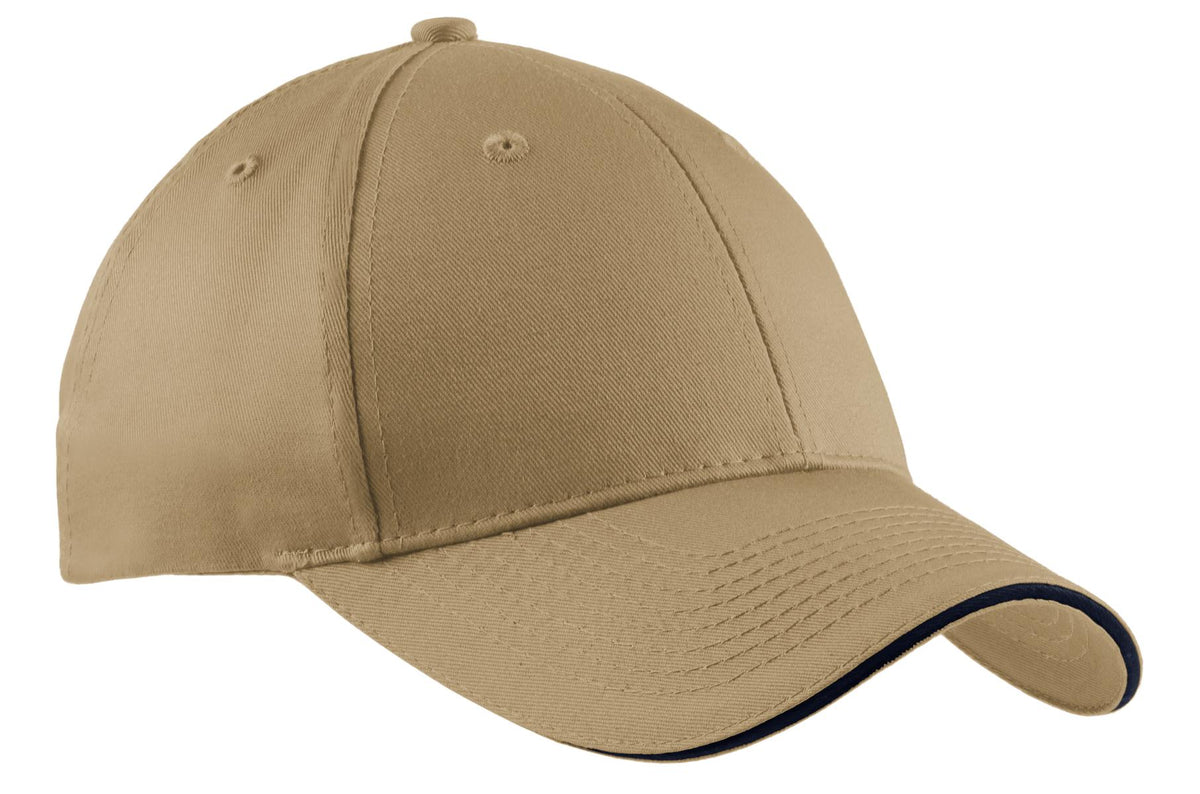 Custom logo Port Authority® Cotton Twill Sandwich Bill Cap.  CP85 in Khaki/ Navy