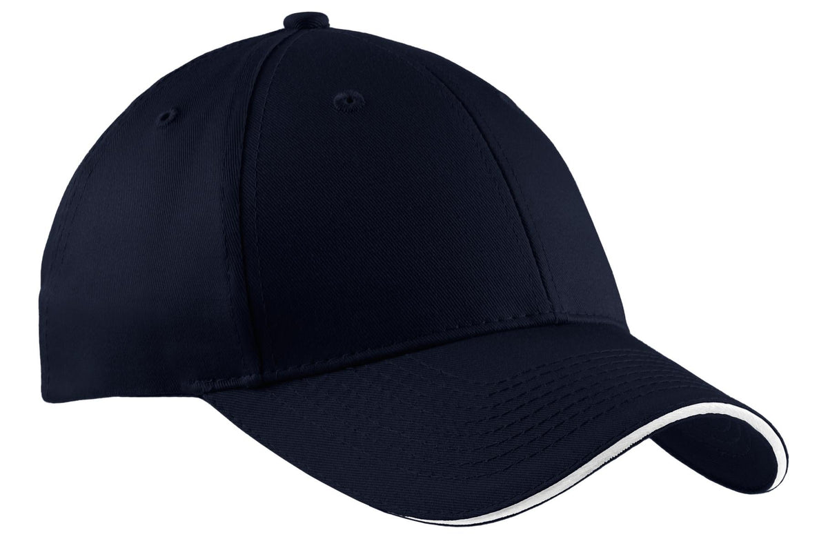 Custom logo Port Authority® Cotton Twill Sandwich Bill Cap.  CP85 in Navy/ White