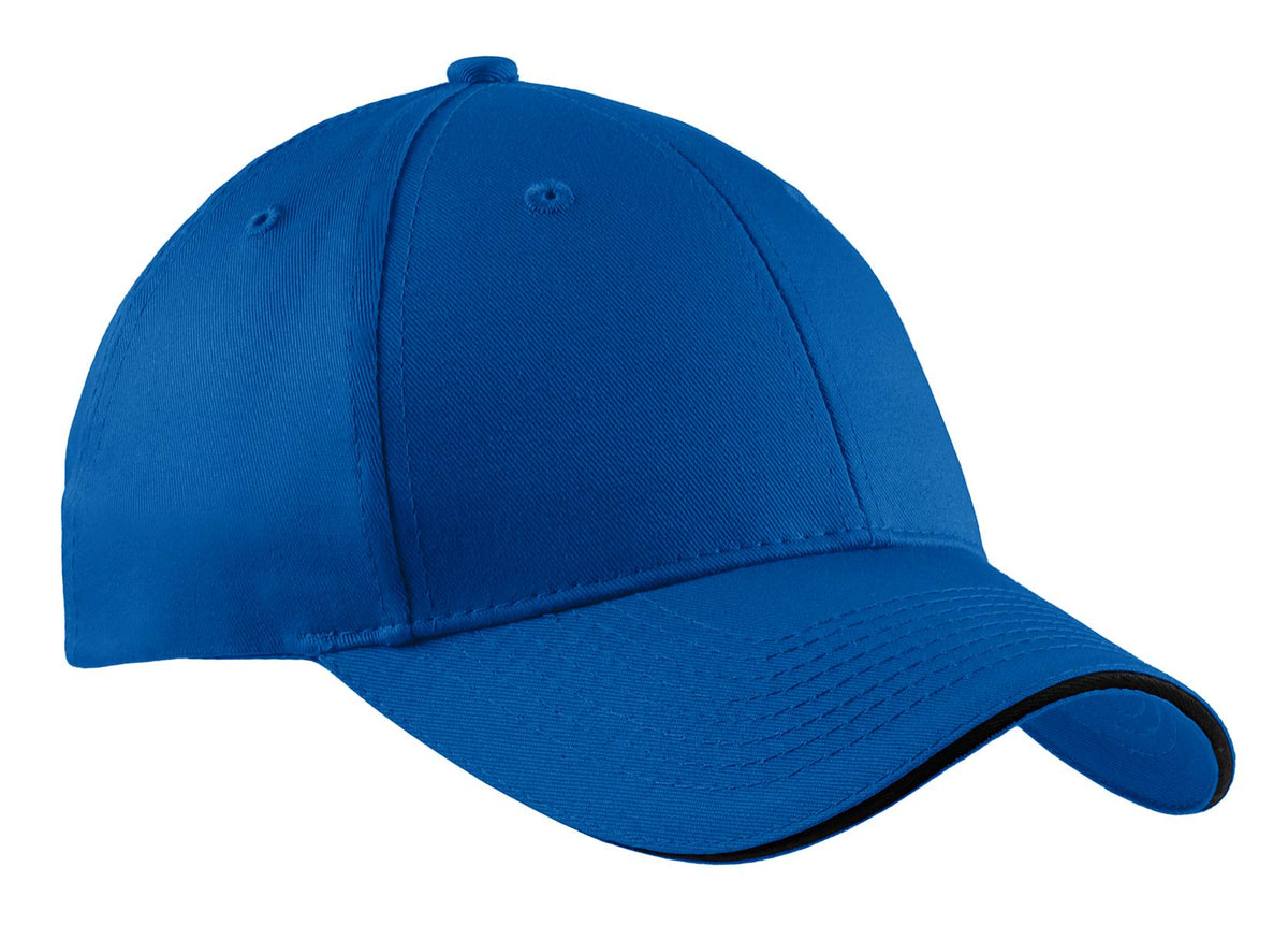 Custom logo Port Authority® Cotton Twill Sandwich Bill Cap.  CP85 in Royal/ Black