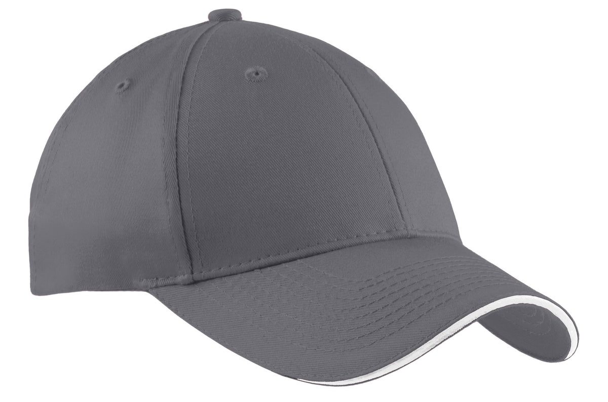 Custom logo Port Authority® Cotton Twill Sandwich Bill Cap.  CP85 in Charcoal/ White