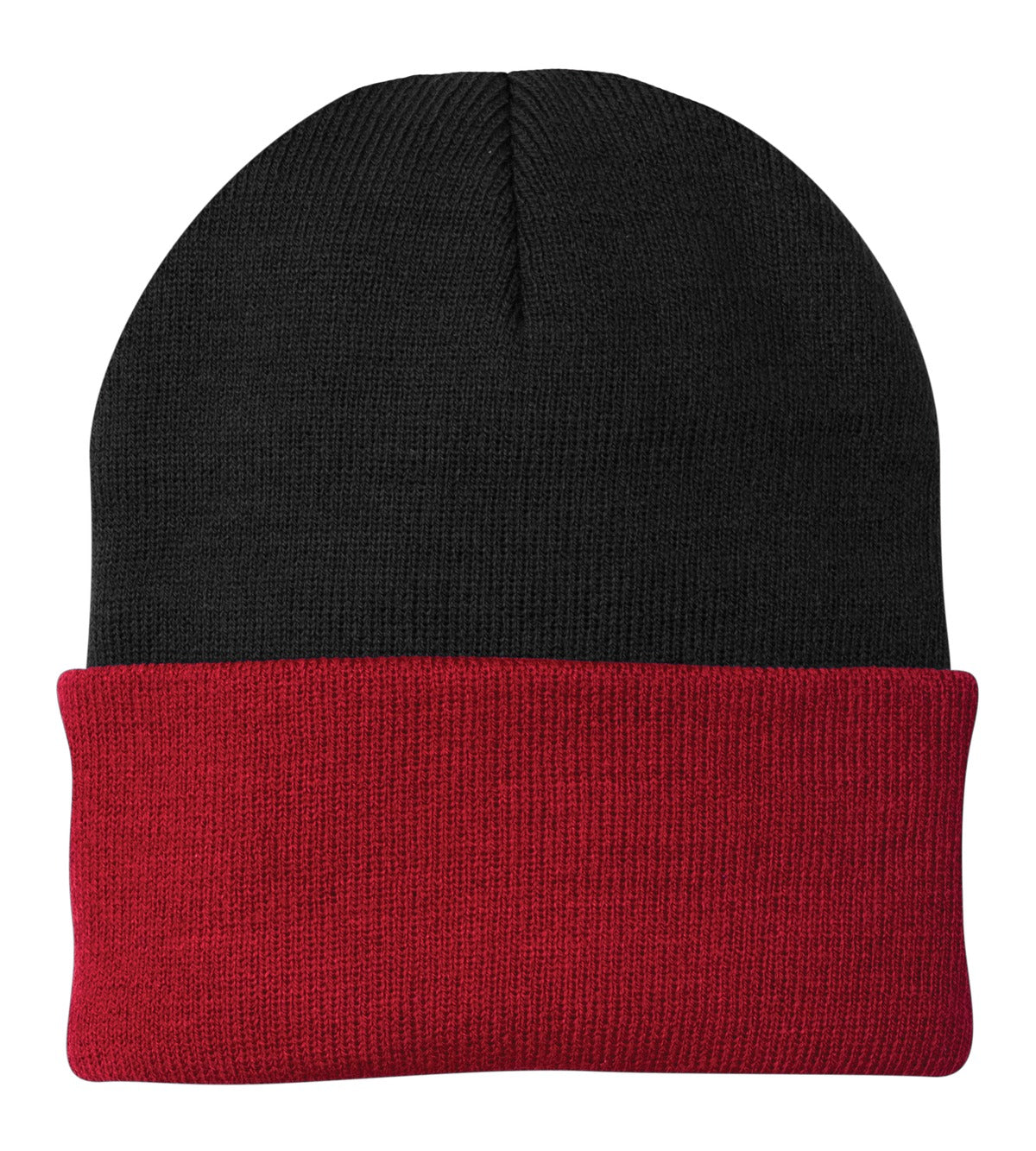 Custom logo Port Authority® Knit Cap.  CP90 in Black/ Athletic Red