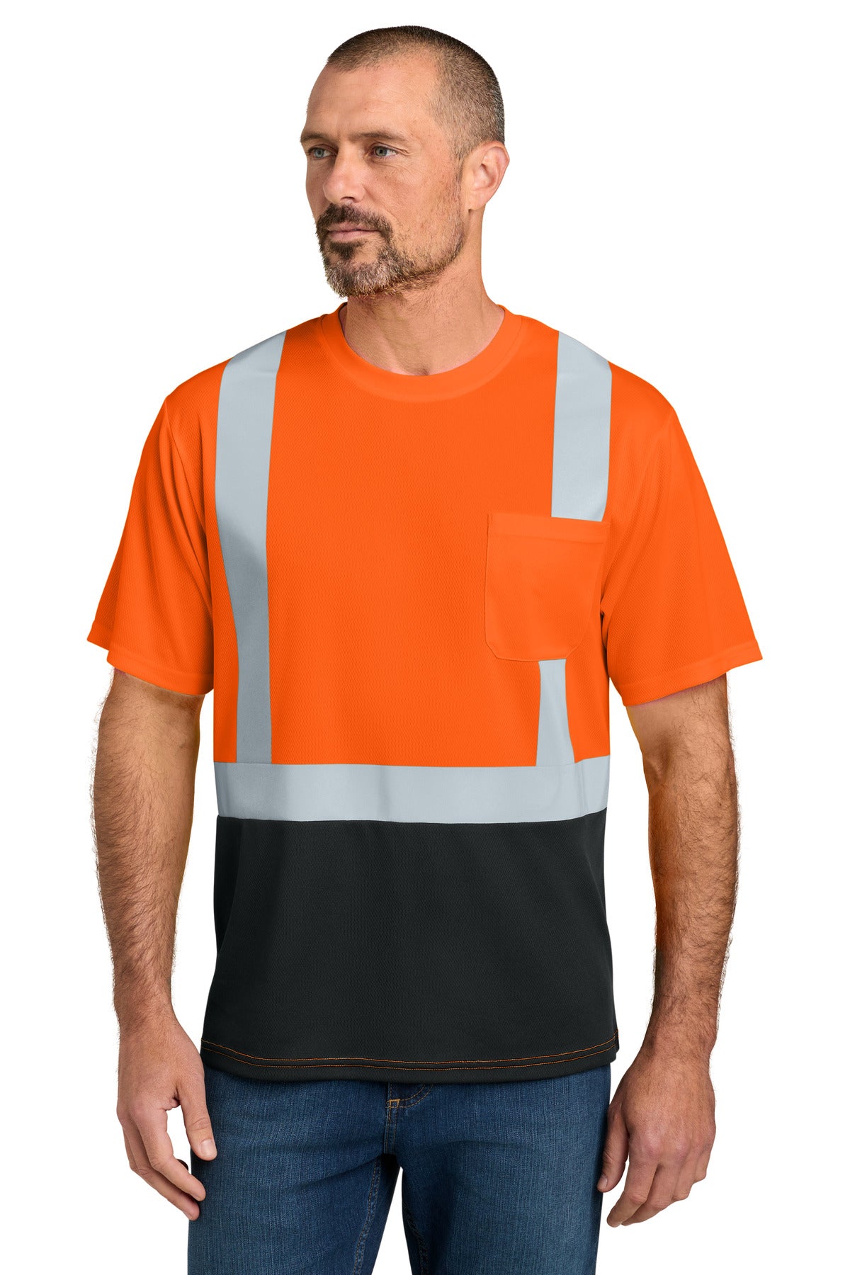 Custom logo CornerStone® ANSI 107 Class 2 Short Sleeve Mesh Blocked Tee CS205 in Safety Orange/ Black