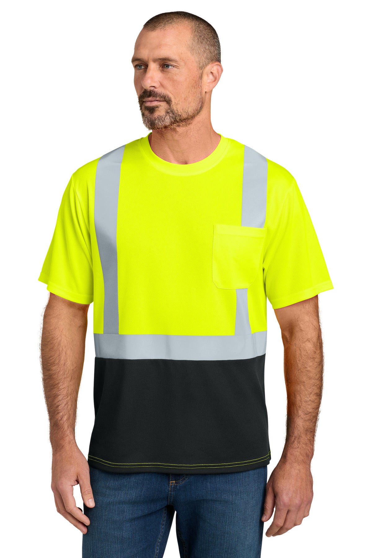 Custom logo CornerStone® ANSI 107 Class 2 Short Sleeve Mesh Blocked Tee CS205 in Safety Yellow/ Black