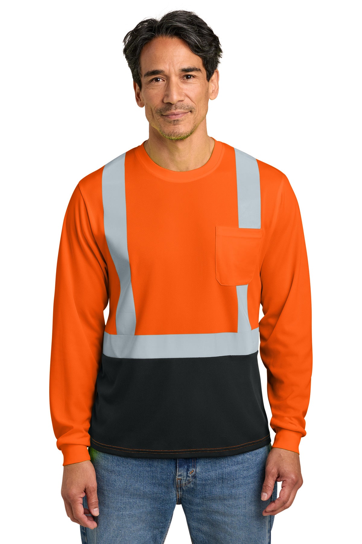 Custom logo CornerStone® ANSI 107 Class 2 Long Sleeve Mesh Blocked Tee CS207 in Safety Orange/ Black