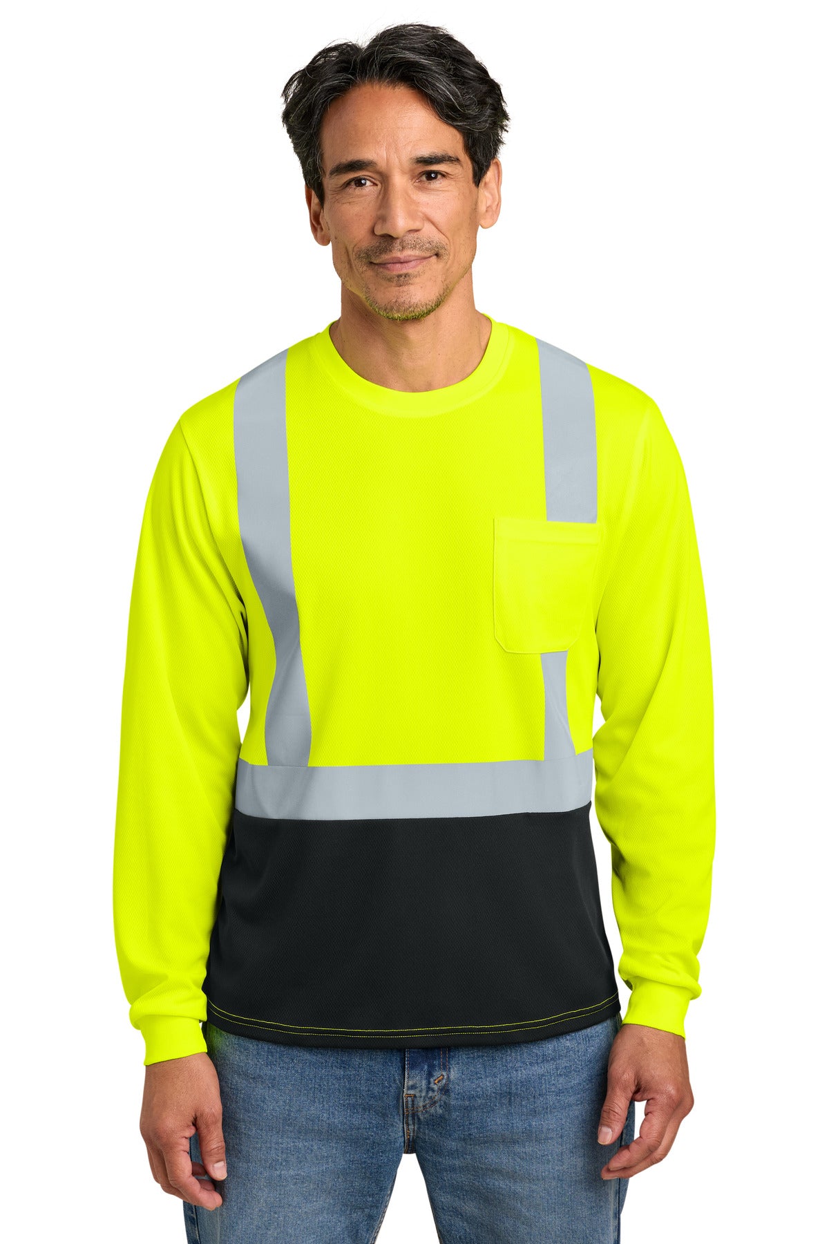 Custom logo CornerStone® ANSI 107 Class 2 Long Sleeve Mesh Blocked Tee CS207 in Safety Yellow/ Black