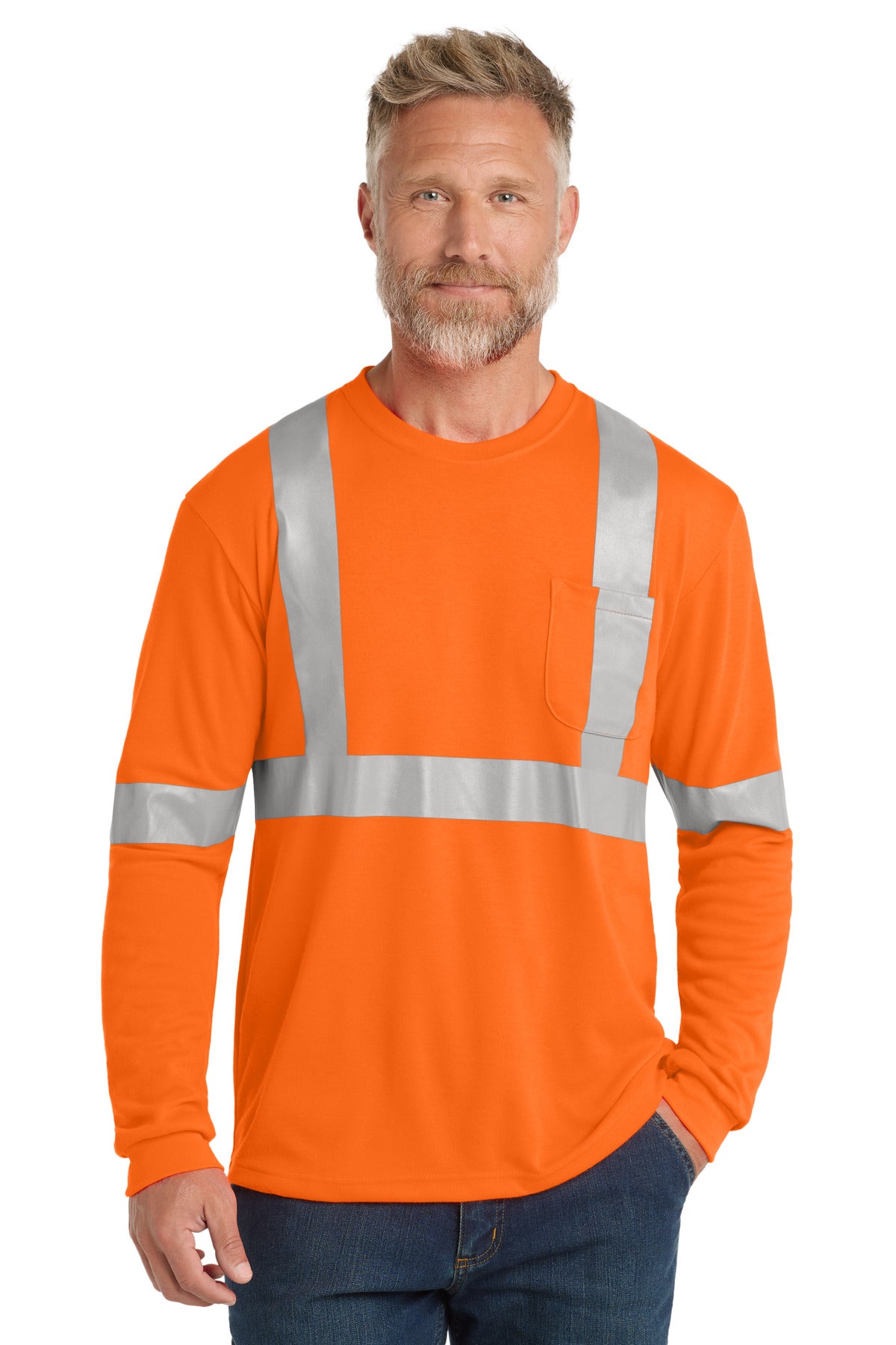 Custom logo CornerStone® ANSI 107 Class 2 Long Sleeve Safety T-Shirt. CS401LS in Safety Orange/ Reflective