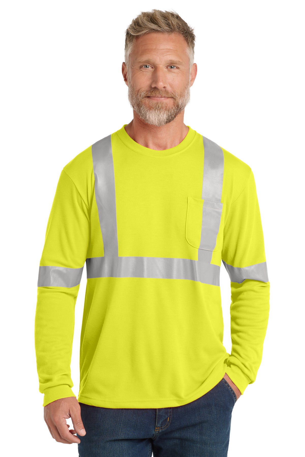 Custom logo CornerStone® ANSI 107 Class 2 Long Sleeve Safety T-Shirt. CS401LS in Safety Yellow/ Reflective