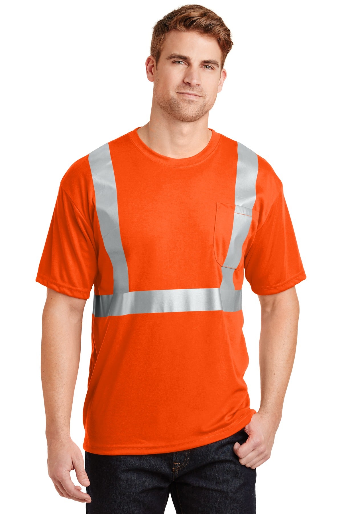 Custom logo CornerStone® - ANSI 107 Class 2 Safety T-Shirt.  CS401 in Safety Orange/ Reflective