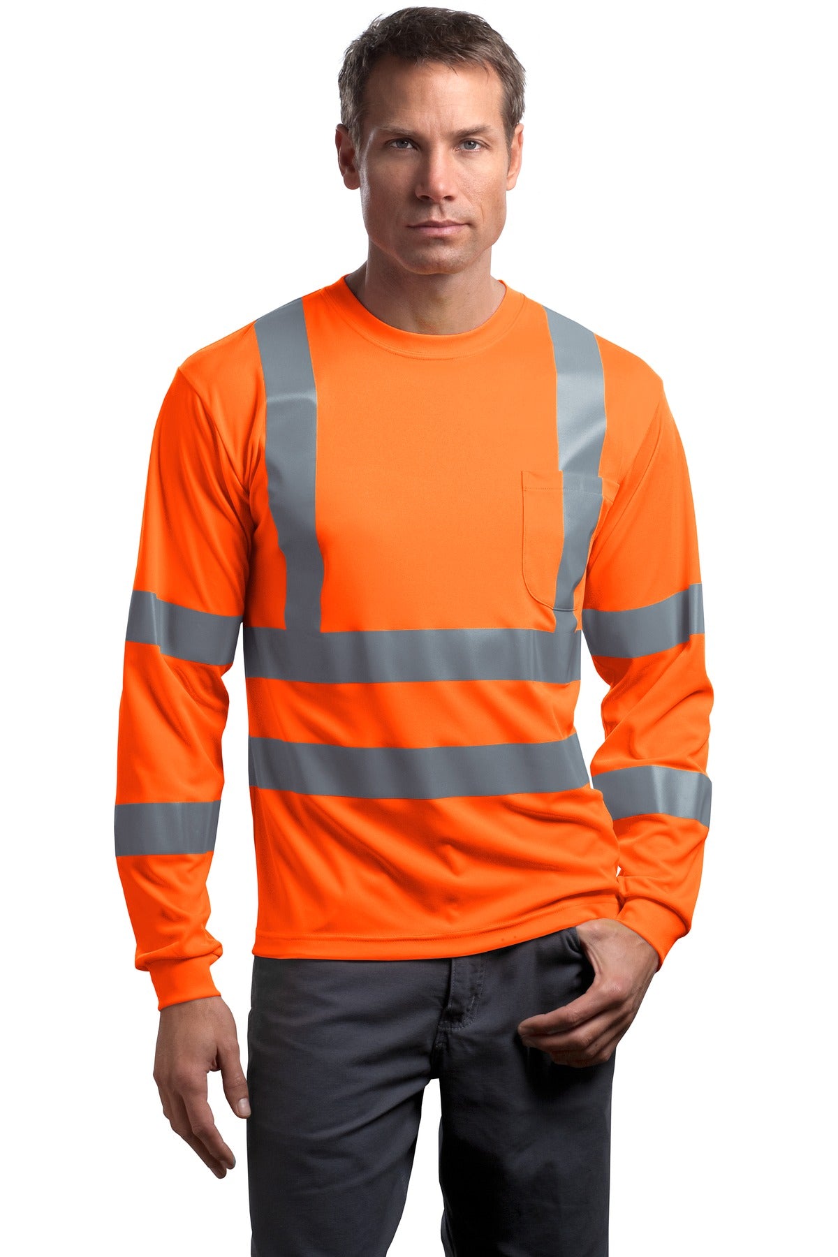Custom logo CornerStone® - ANSI 107 Class 3 Long Sleeve Snag-Resistant Reflective T-Shirt. CS409 in Safety Orange