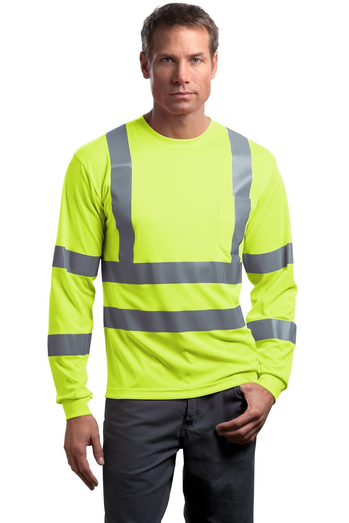 Custom logo CornerStone® - ANSI 107 Class 3 Long Sleeve Snag-Resistant Reflective T-Shirt. CS409 in Safety Yellow