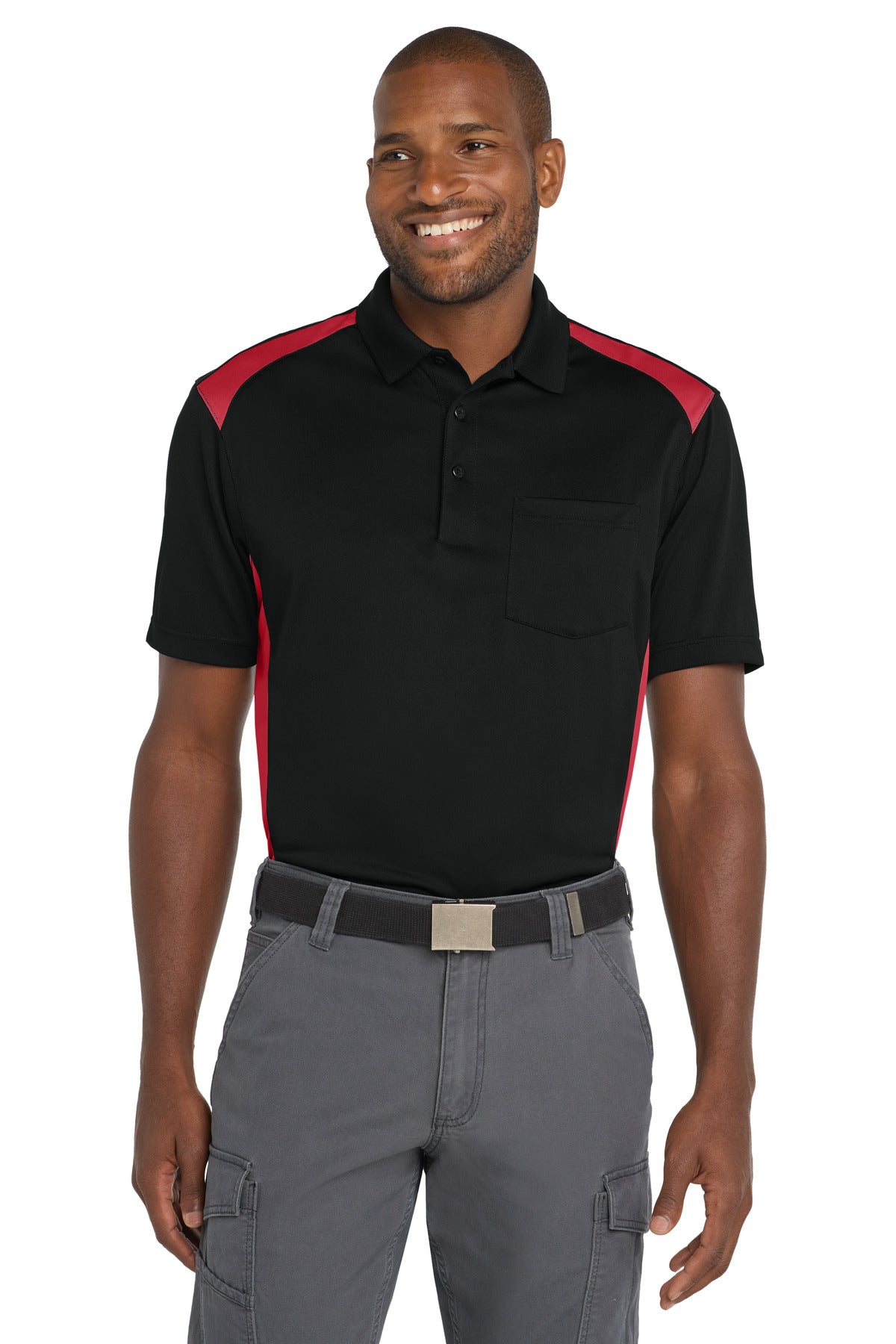 Custom logo CornerStone® Select Snag-Proof Two Way Colorblock Pocket Polo. CS416 in Black/ Red