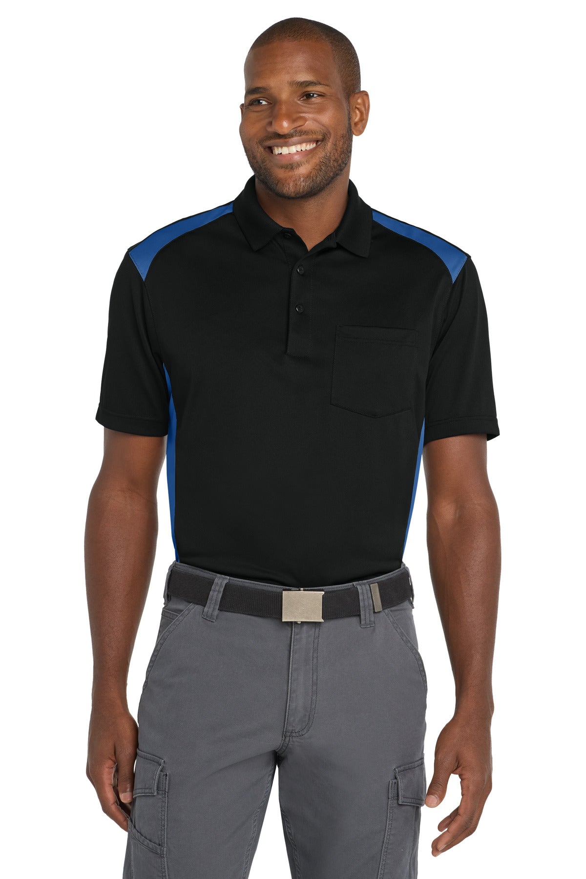 Custom logo CornerStone® Select Snag-Proof Two Way Colorblock Pocket Polo. CS416 in Black/ Royal