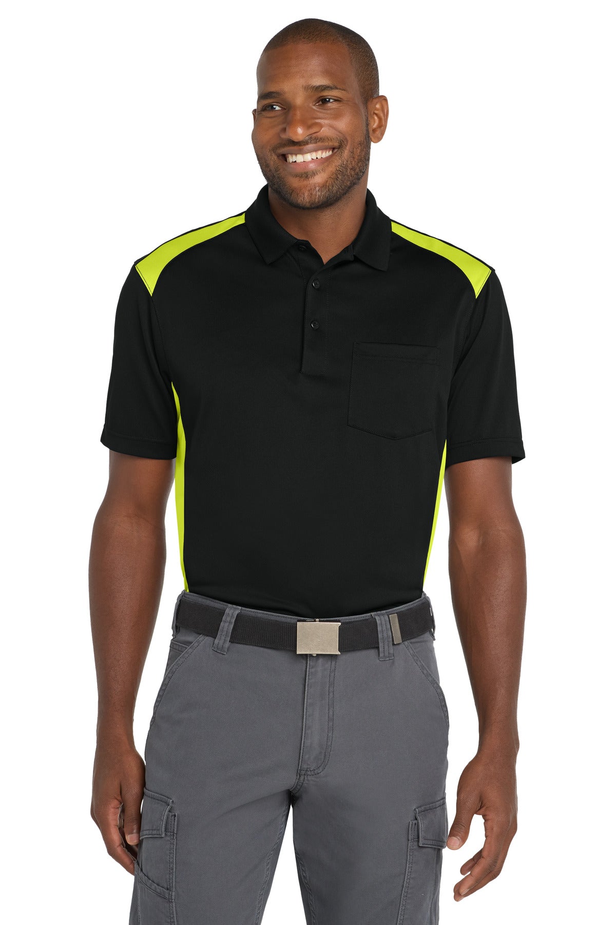 Custom logo CornerStone® Select Snag-Proof Two Way Colorblock Pocket Polo. CS416 in Black/ Shock Green