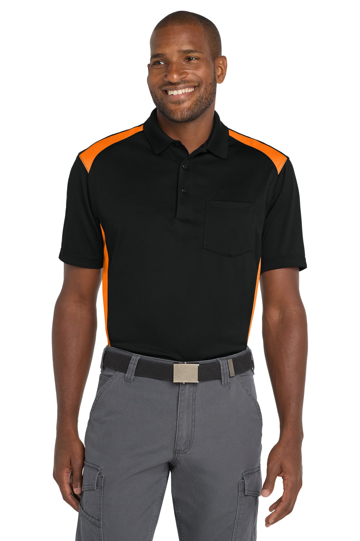 Custom logo CornerStone® Select Snag-Proof Two Way Colorblock Pocket Polo. CS416 in Black/ Shock Orange