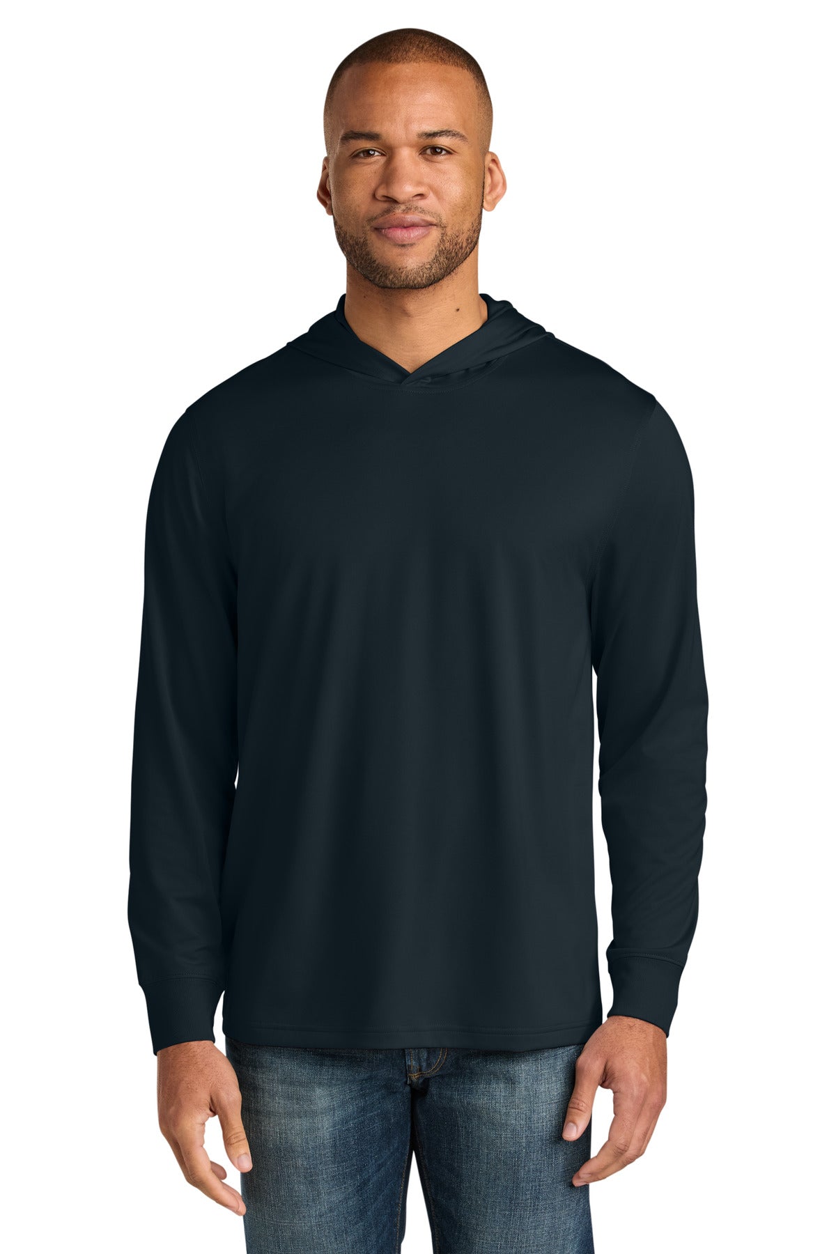 Custom logo CornerStone® Workwear Pro Long Sleeve Hooded Tee CS440LSH in Navy