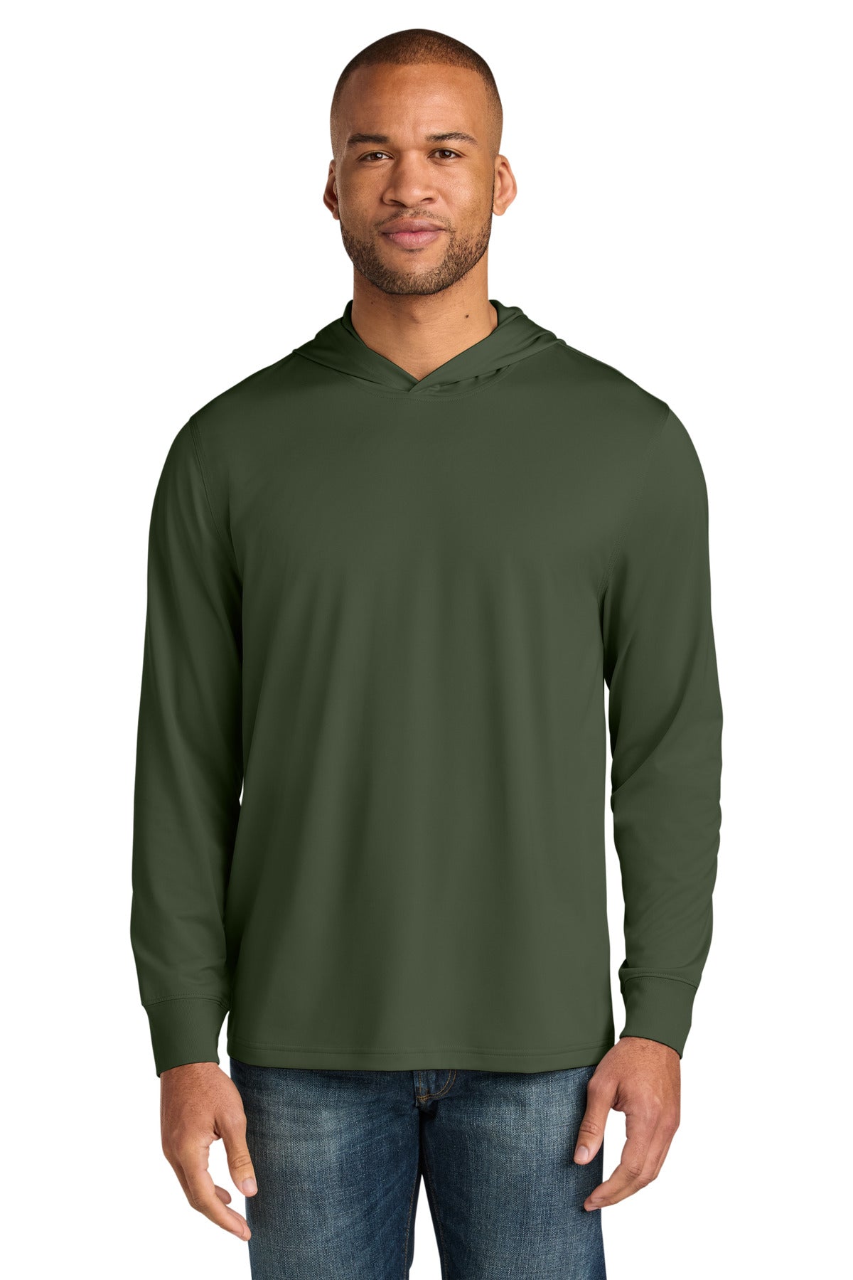 Custom logo CornerStone® Workwear Pro Long Sleeve Hooded Tee CS440LSH in Tactical Green