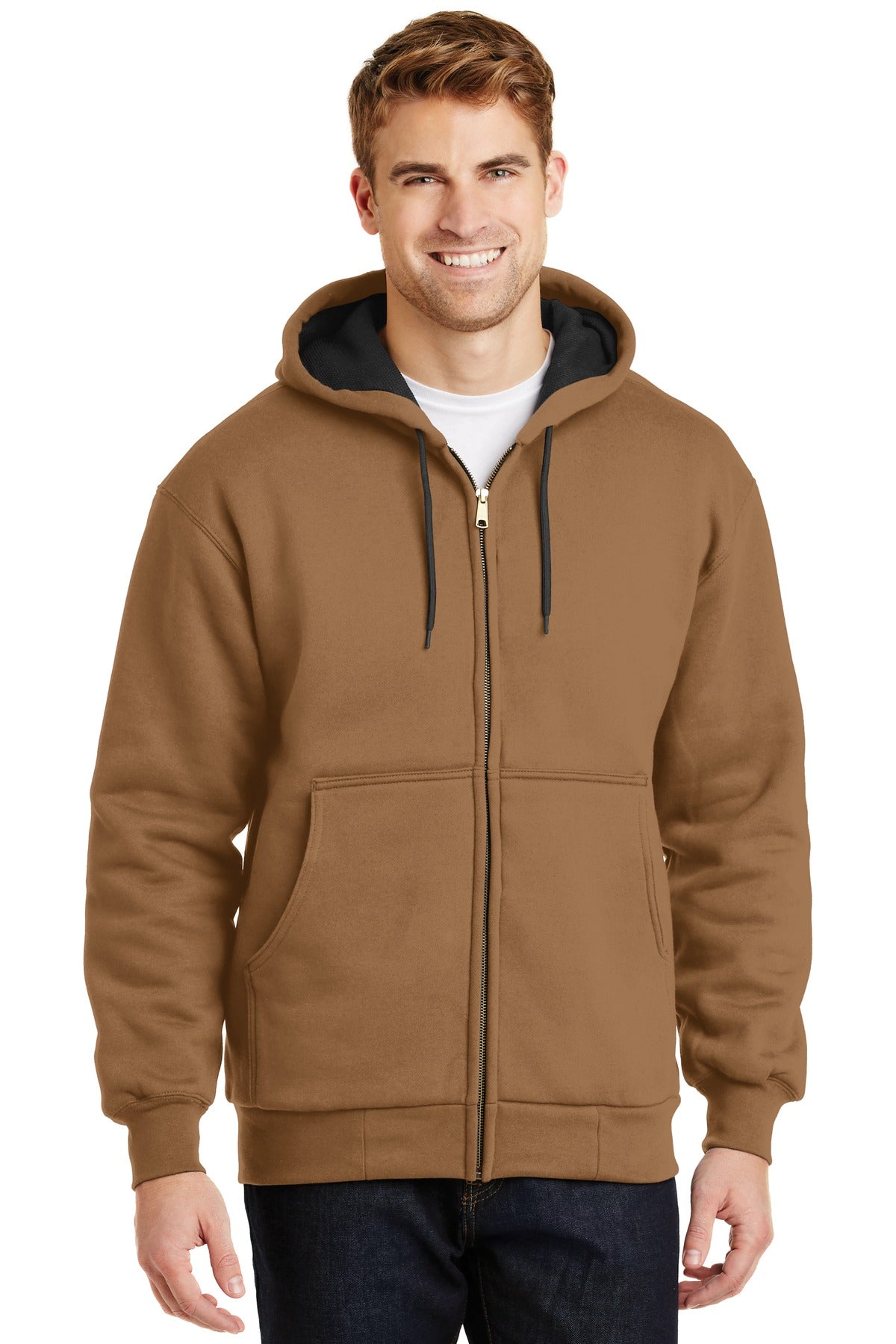 Custom logo CornerStone® - Heavyweight Full-Zip Hooded Sweatshirt with Thermal Lining.  CS620 in Duck Brown