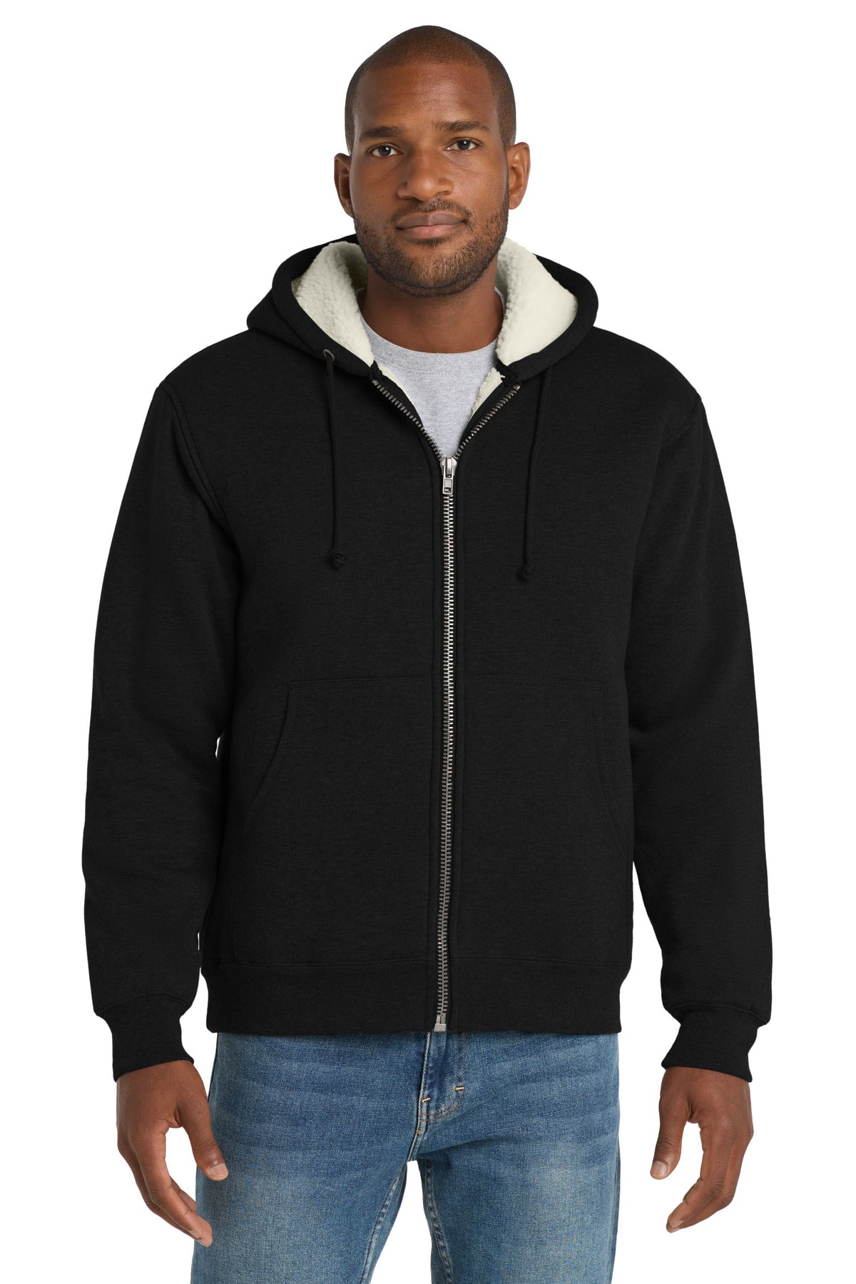Custom logo CornerStone® Heavyweight Sherpa-Lined Hooded Fleece Jacket. CS625 in Black