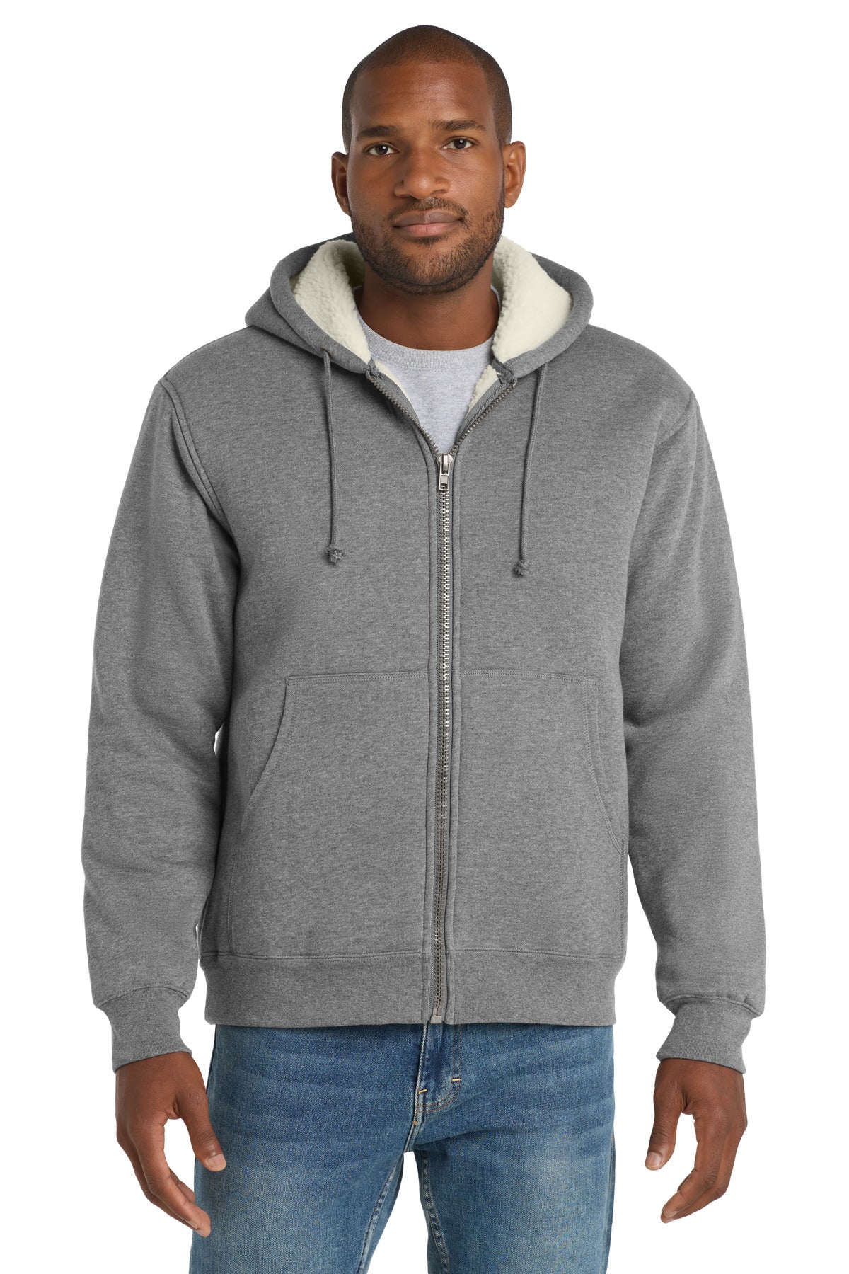 Custom logo CornerStone® Heavyweight Sherpa-Lined Hooded Fleece Jacket. CS625 in Grey