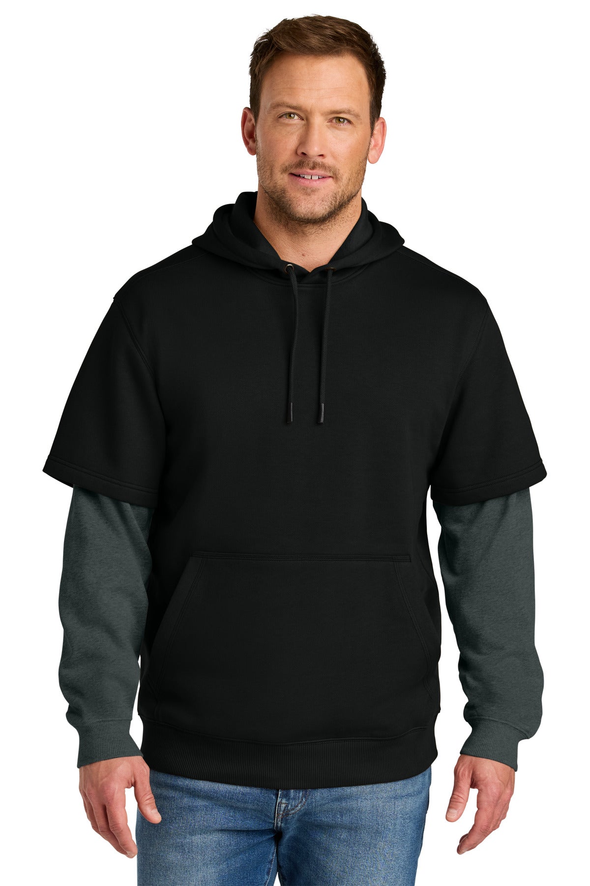 Custom logo CornerStone® Tough Fleece Layered Hoodie CSF632 in Black/ Charcoal Heather