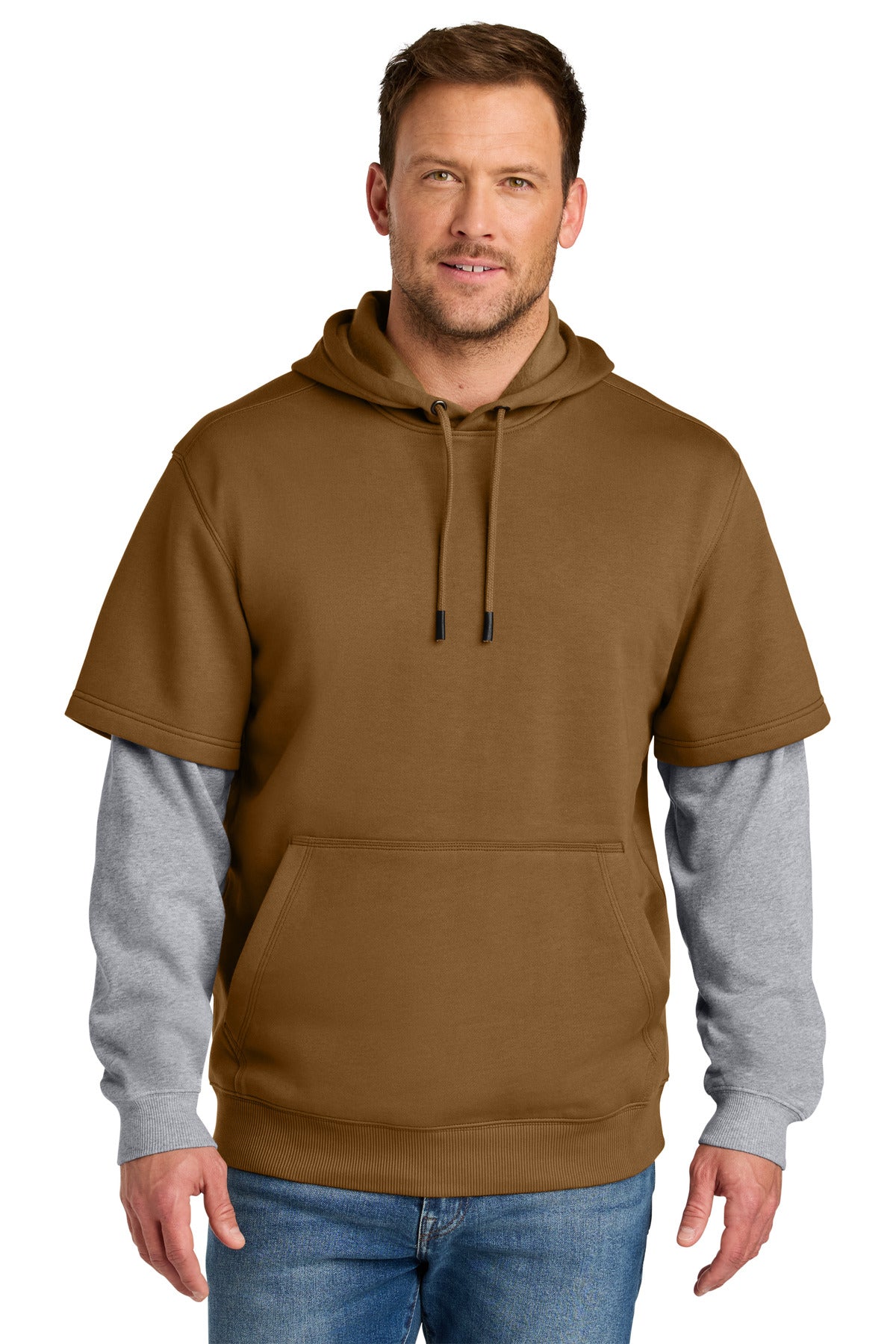 Custom logo CornerStone® Tough Fleece Layered Hoodie CSF632 in Duck Brown/ Heather Grey