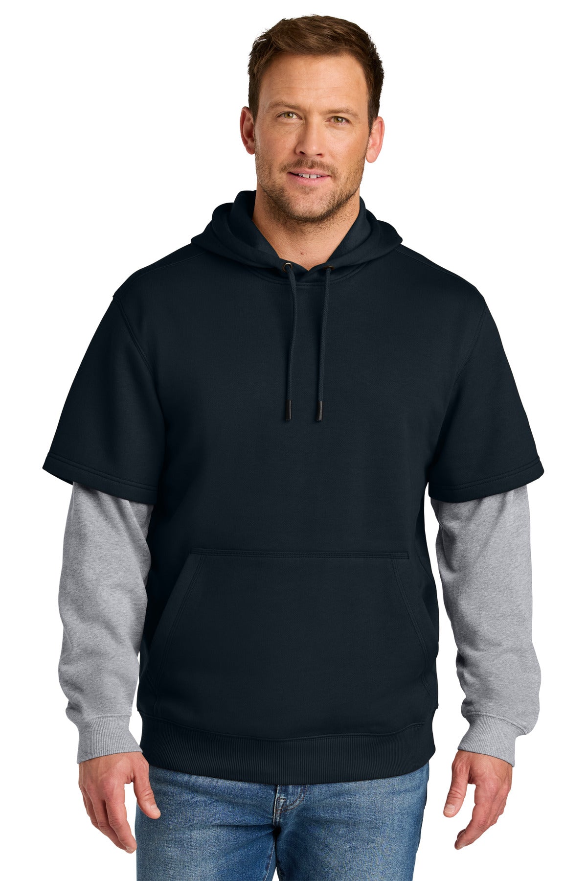 Custom logo CornerStone® Tough Fleece Layered Hoodie CSF632 in Navy/ Heather Grey