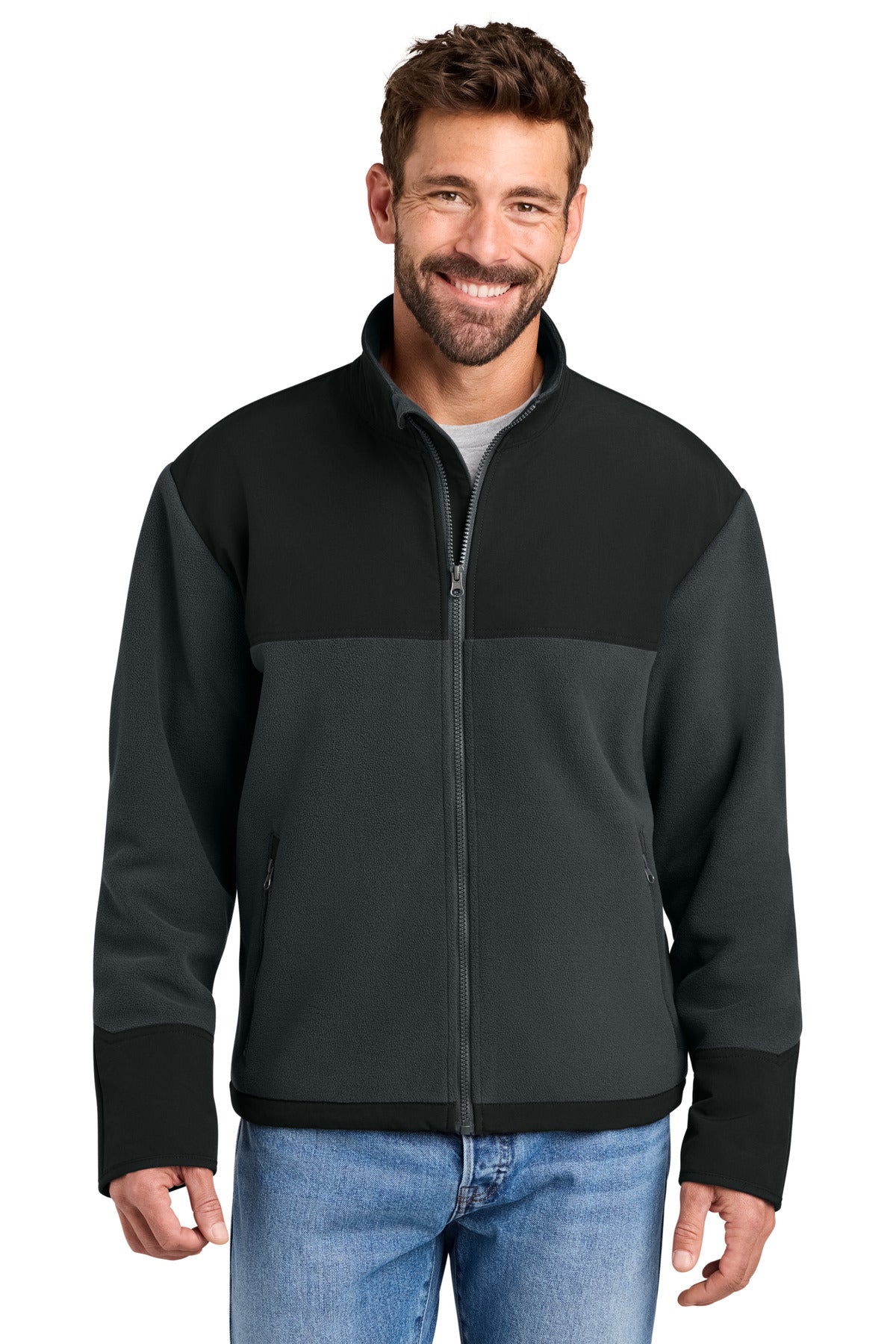 Custom logo CornerStone® Fleece Overlay Jacket CSF750 in Charcoal/ Black