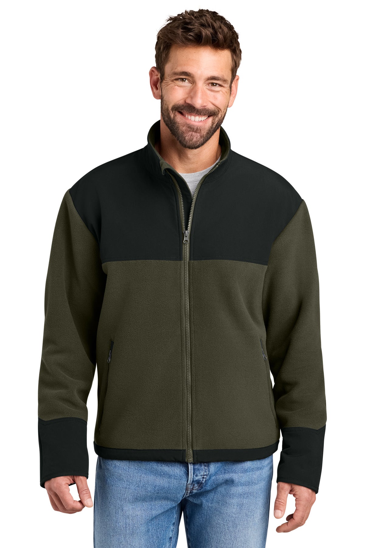 Custom logo CornerStone® Fleece Overlay Jacket CSF750 in Tundra Green/ Black