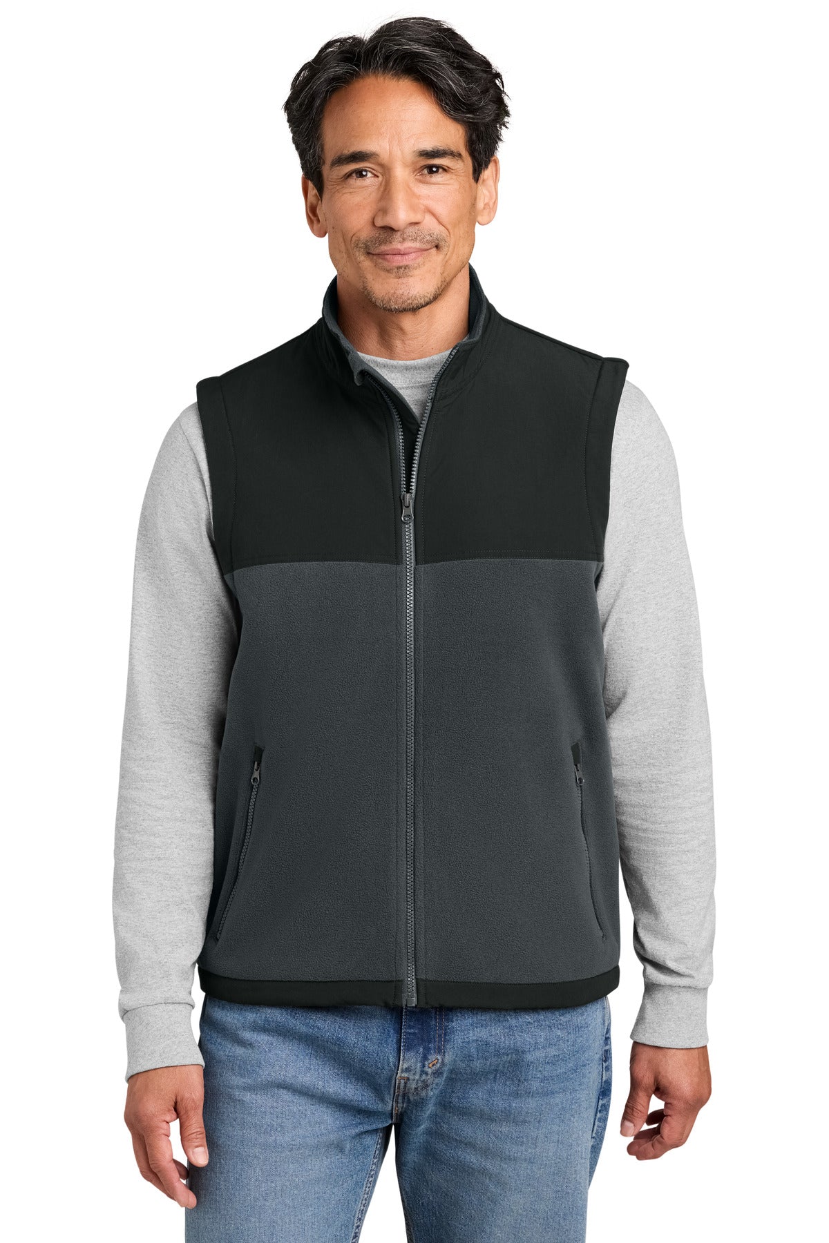 Custom logo CornerStone® Fleece Overlay Vest CSF751 in Charcoal/ Black