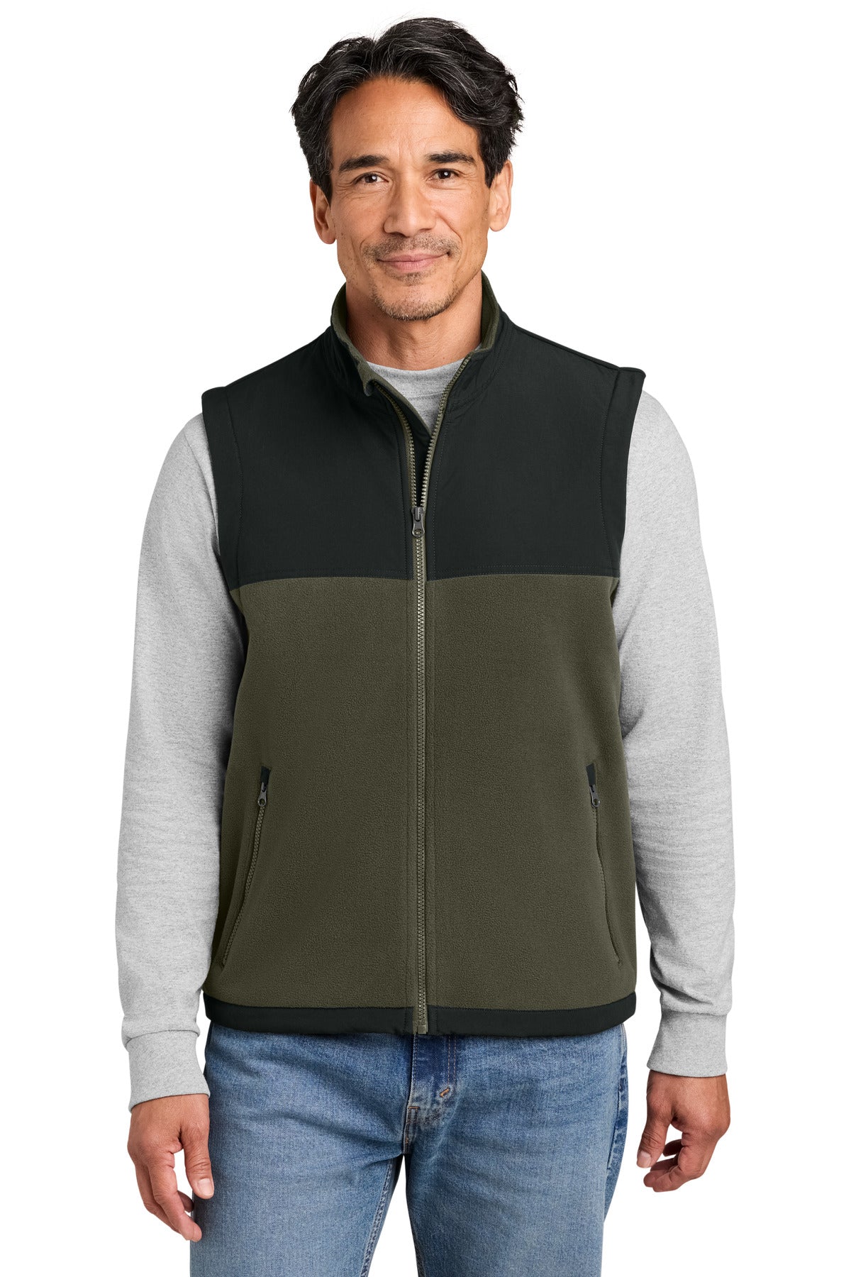 Custom logo CornerStone® Fleece Overlay Vest CSF751 in Tundra Green/ Black