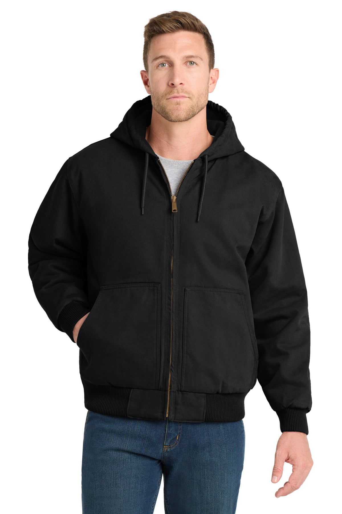 Custom logo CornerStone® Washed Duck Cloth Insulated Hooded Work Jacket. CSJ41 in Black