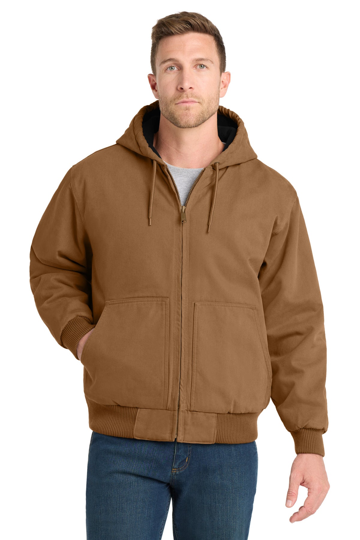 Custom logo CornerStone® Washed Duck Cloth Insulated Hooded Work Jacket. CSJ41 in Duck Brown