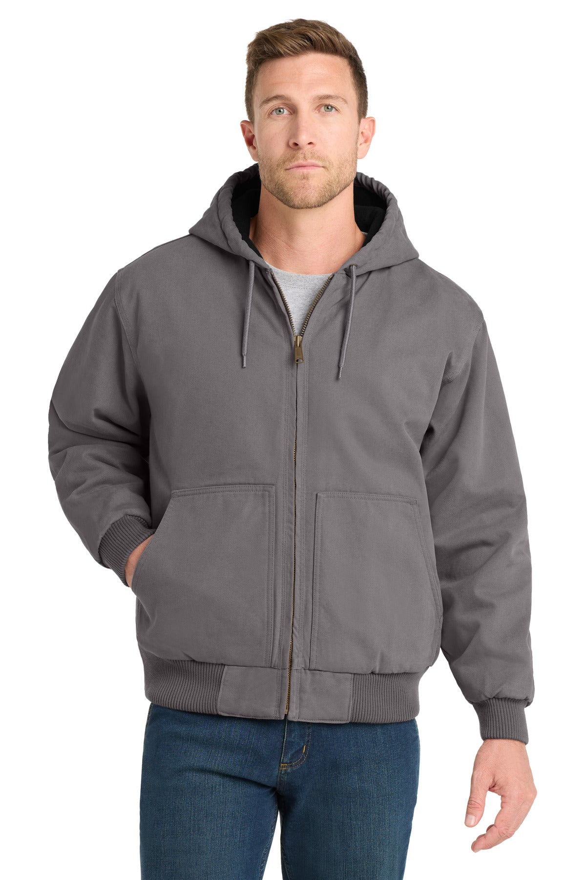Custom logo CornerStone® Washed Duck Cloth Insulated Hooded Work Jacket. CSJ41 in Metal Grey