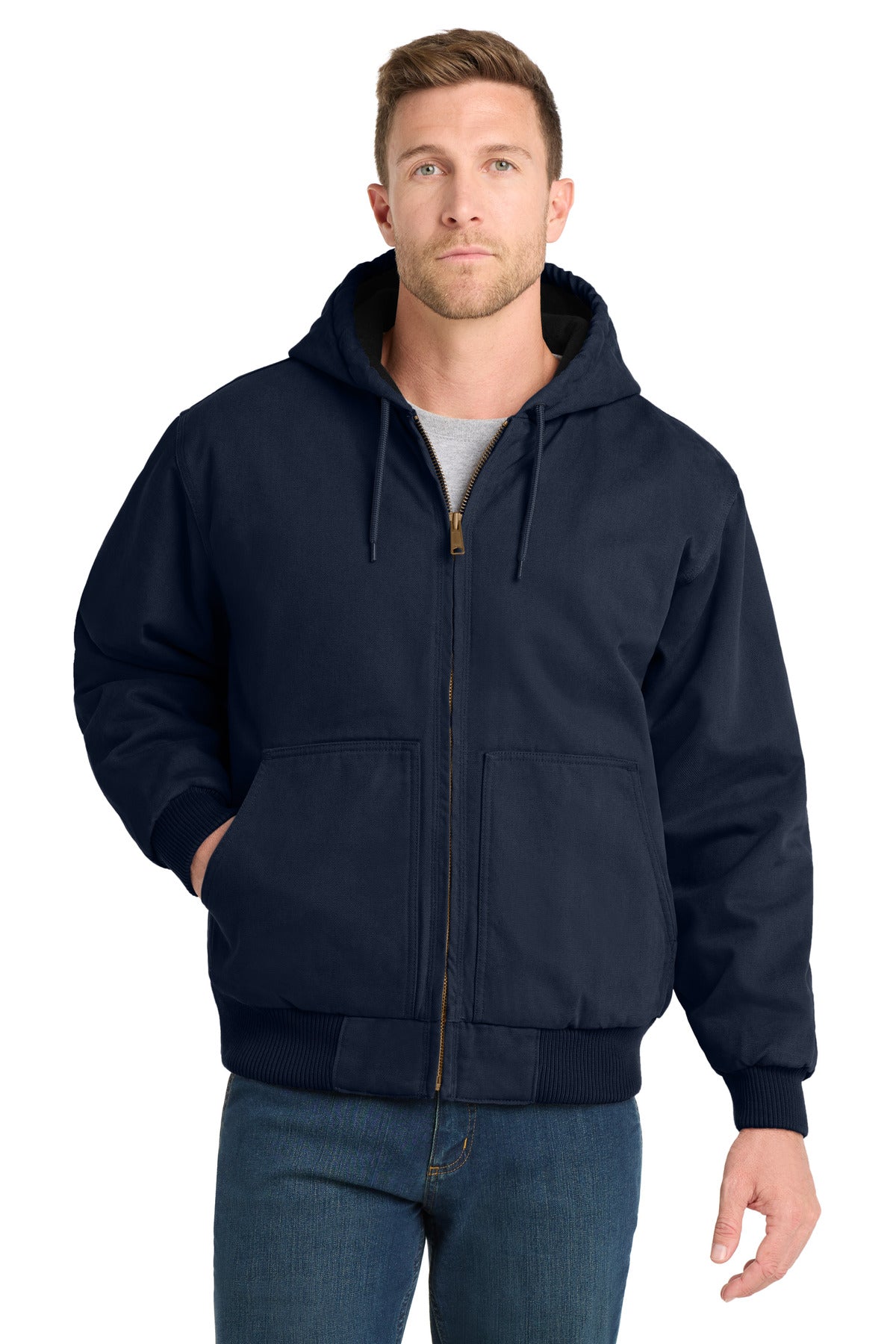 Custom logo CornerStone® Washed Duck Cloth Insulated Hooded Work Jacket. CSJ41 in Navy