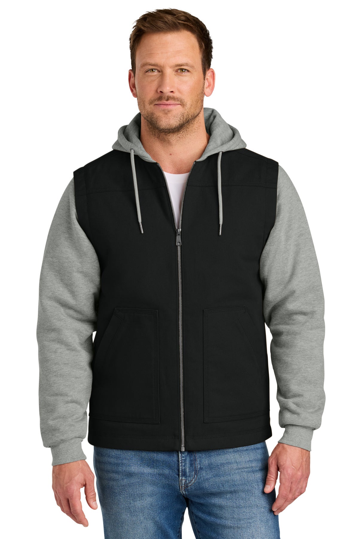 Custom logo CornerStone® Duck Fleece Full-Zip Hooded Jacket CSJ42 in Black/ Heather Grey