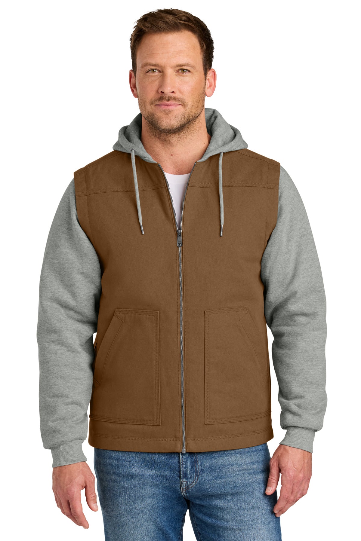 Custom logo CornerStone® Duck Fleece Full-Zip Hooded Jacket CSJ42 in Duck Brown/ Heather Grey