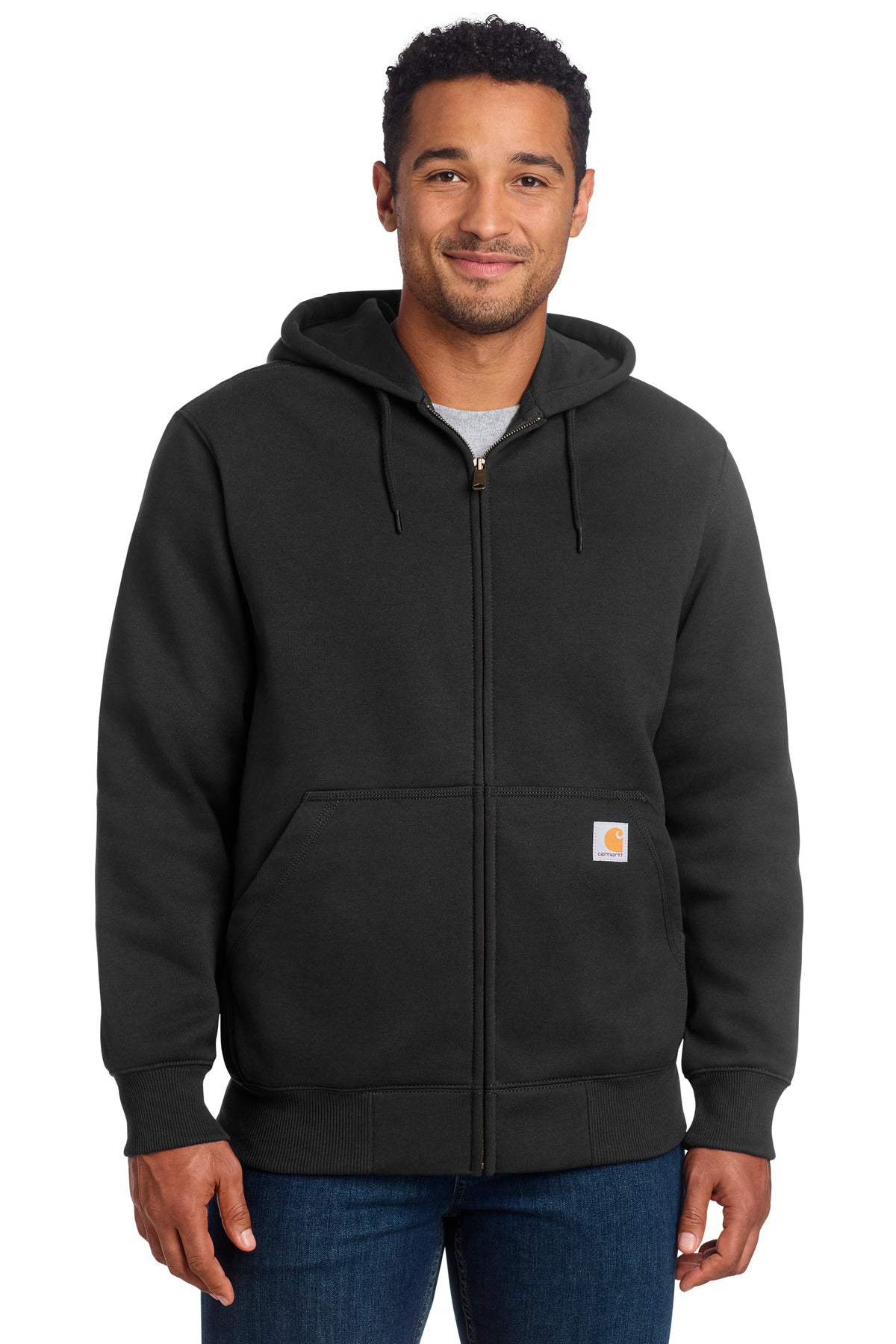 Custom logo Carhartt ® Rain Defender ® Paxton Heavyweight Hooded Zip-Front Sweatshirt. CT100614 in Black