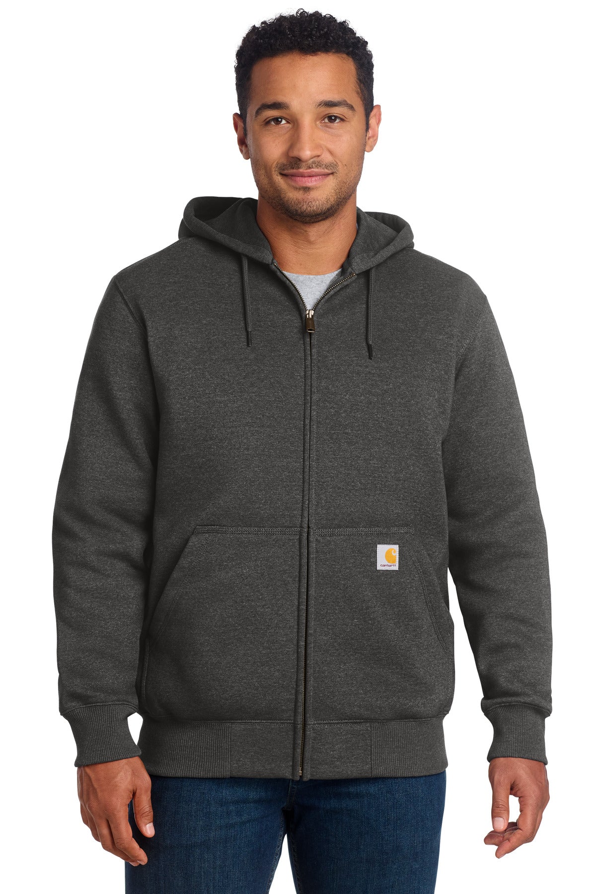 Custom logo Carhartt ® Rain Defender ® Paxton Heavyweight Hooded Zip-Front Sweatshirt. CT100614 in Carbon Heather