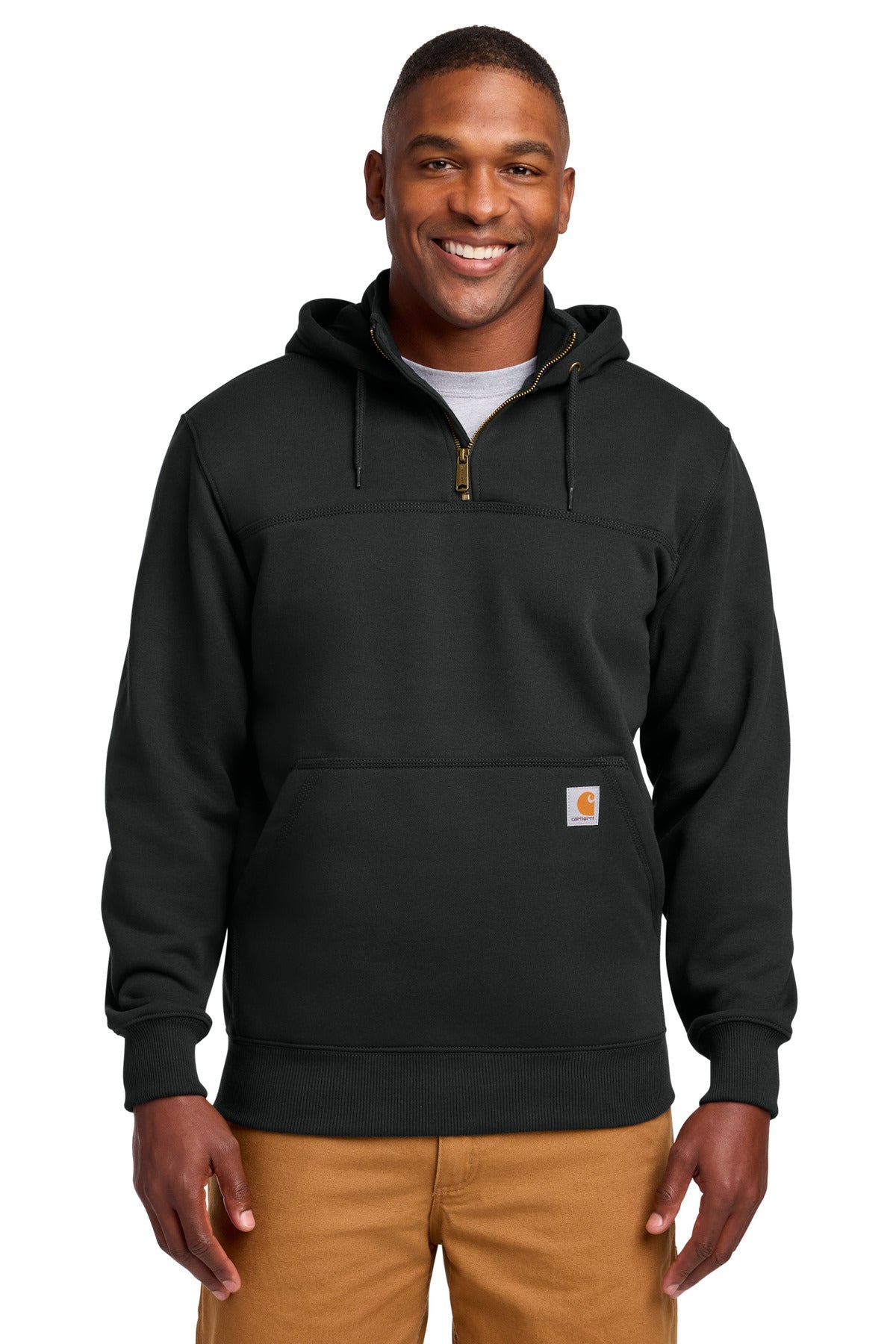 Custom logo Carhartt® Tall Rain Defender® Paxton Heavyweight Hooded Zip Mock Sweatshirt CTT100617 in Black