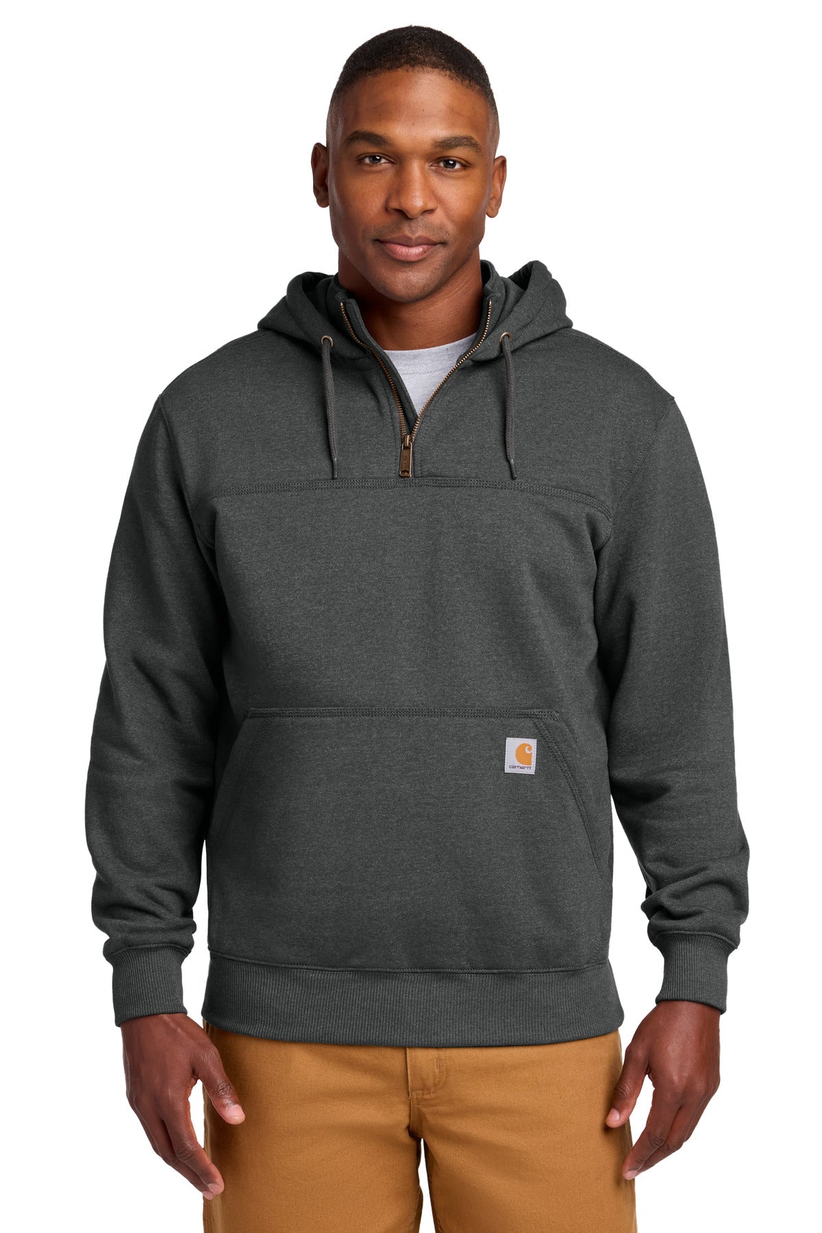 Custom logo Carhartt® Tall Rain Defender® Paxton Heavyweight Hooded Zip Mock Sweatshirt CTT100617 in Carbon Heather