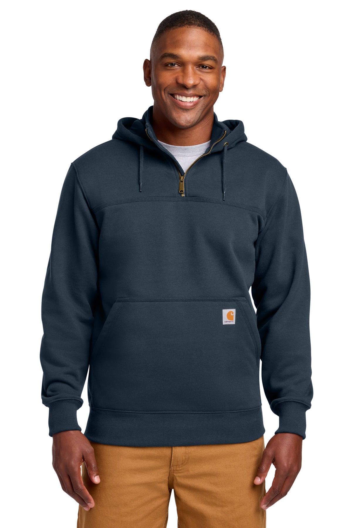 Custom logo Carhartt® Tall Rain Defender® Paxton Heavyweight Hooded Zip Mock Sweatshirt CTT100617 in New Navy