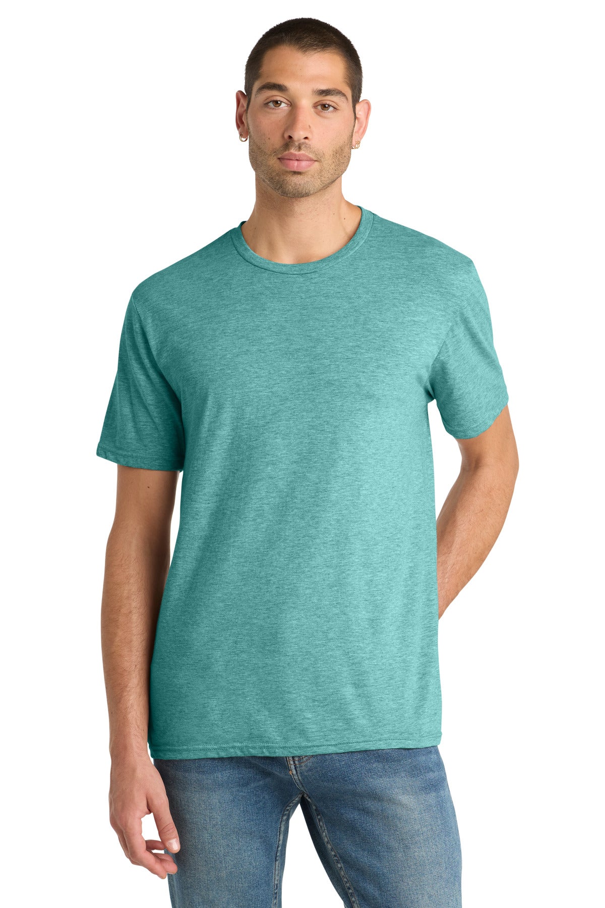 Custom logo District® Perfect Blend® CVC Tee. DM108 in Heathered Eucalyptus Blue