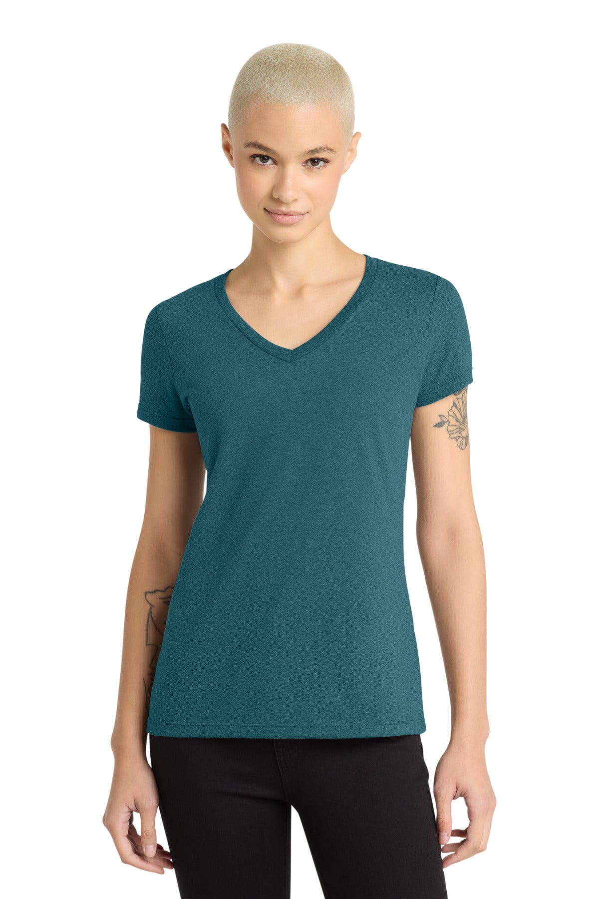 Custom logo District® - Women's Perfect Weight® V-Neck Tee. DM1170L in Caribbean Blue Heather