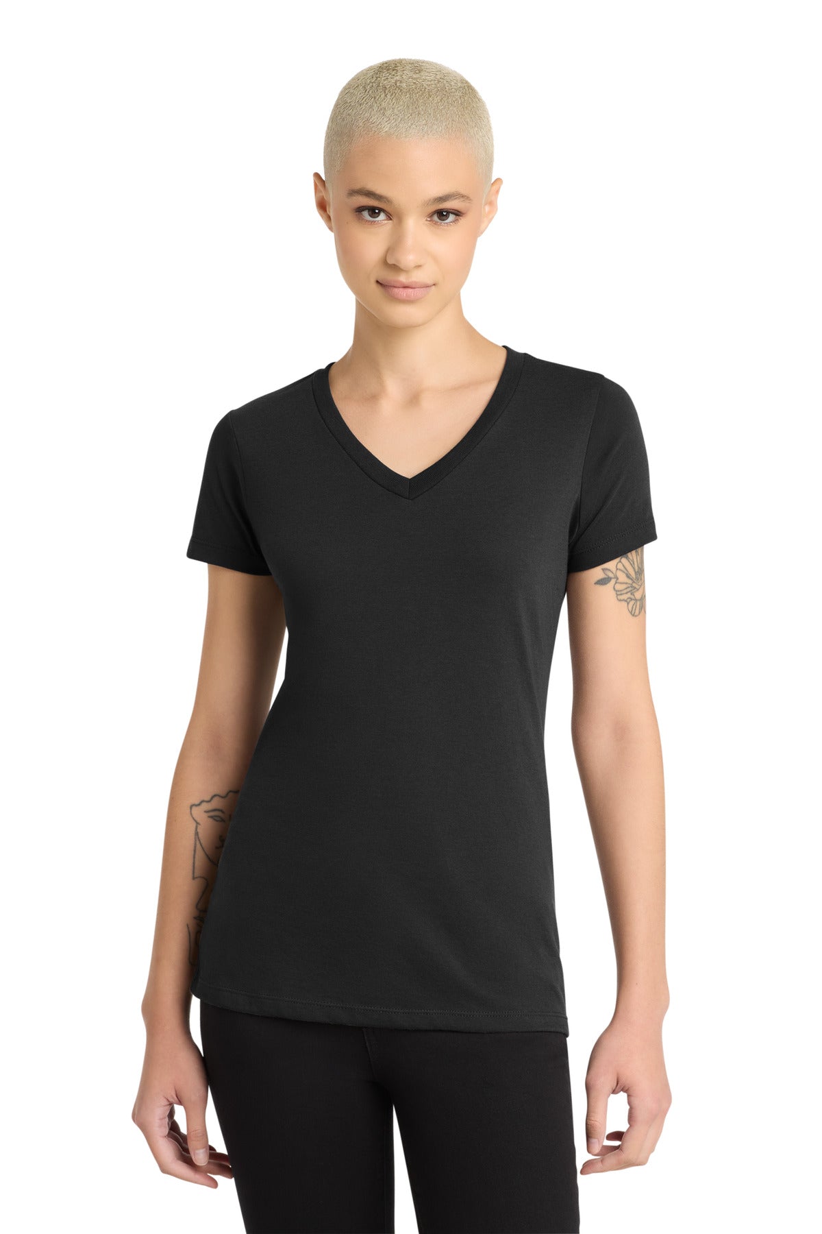 Custom logo District® Women's Perfect Blend® CVC V-Neck Tee. DM1190L in Black