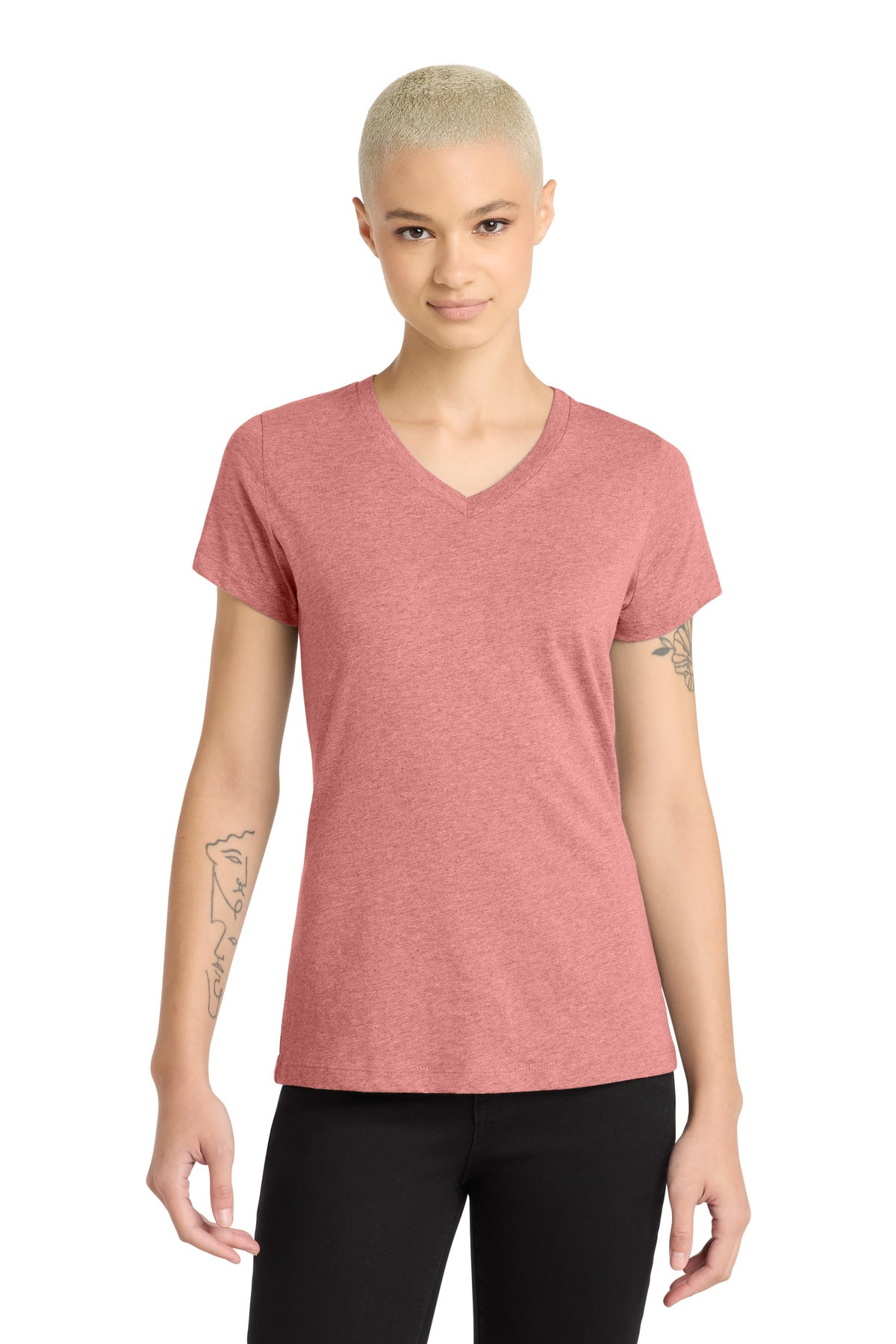 Custom logo District® Women's Perfect Blend® CVC V-Neck Tee. DM1190L in Blush Frost