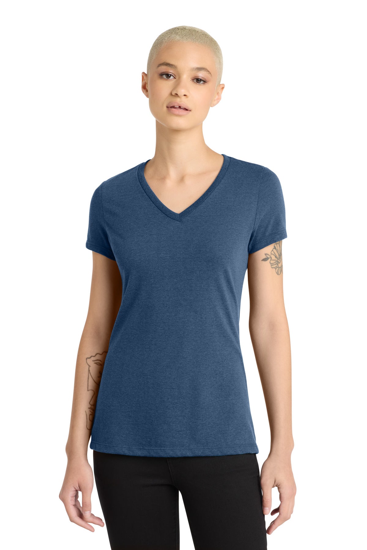 Custom logo District® Women's Perfect Blend® CVC V-Neck Tee. DM1190L in Deep Royal Fleck